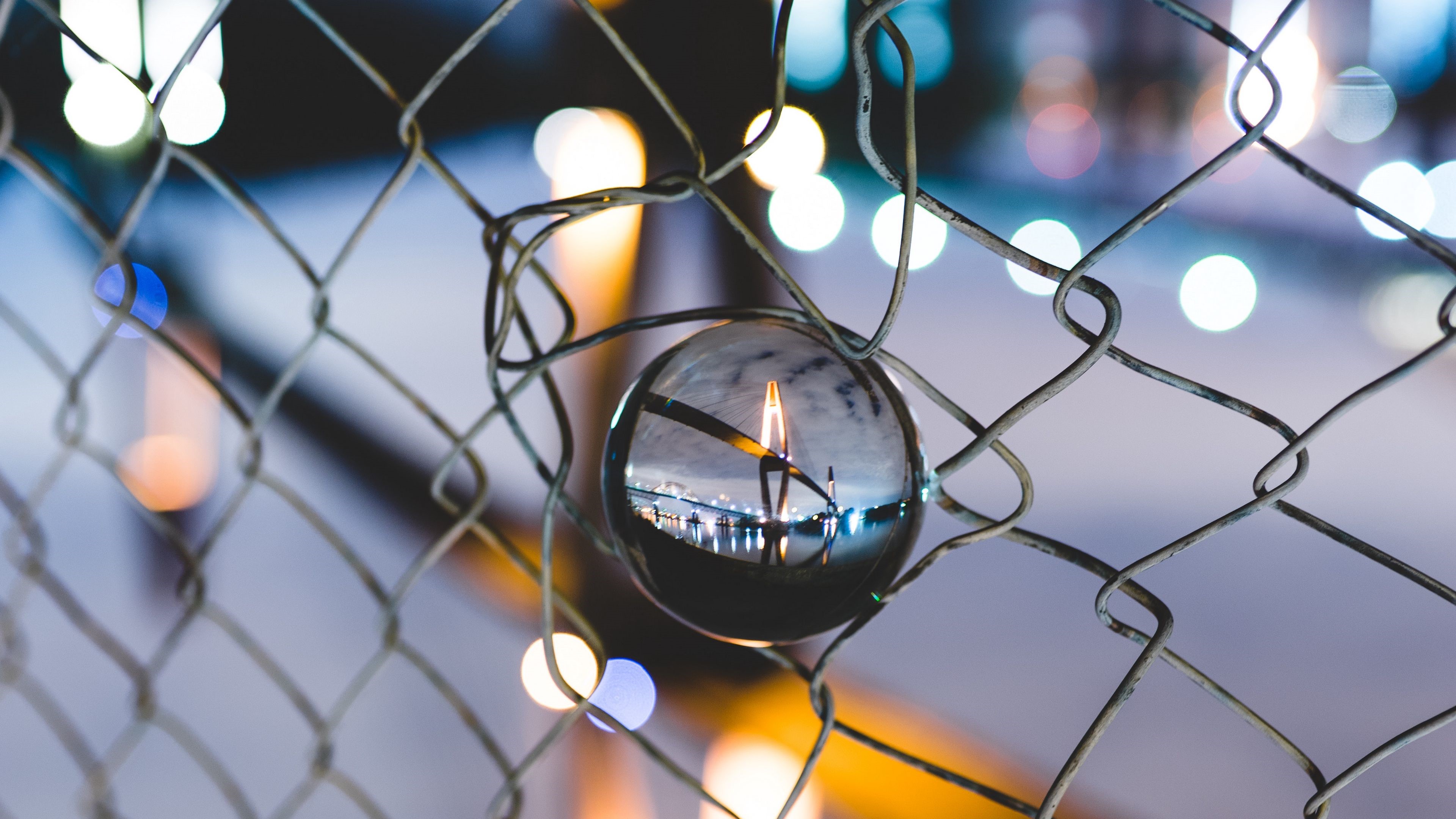 4K, macro, chain-link fence, glass, bridge, closeup HD Wallpaper
