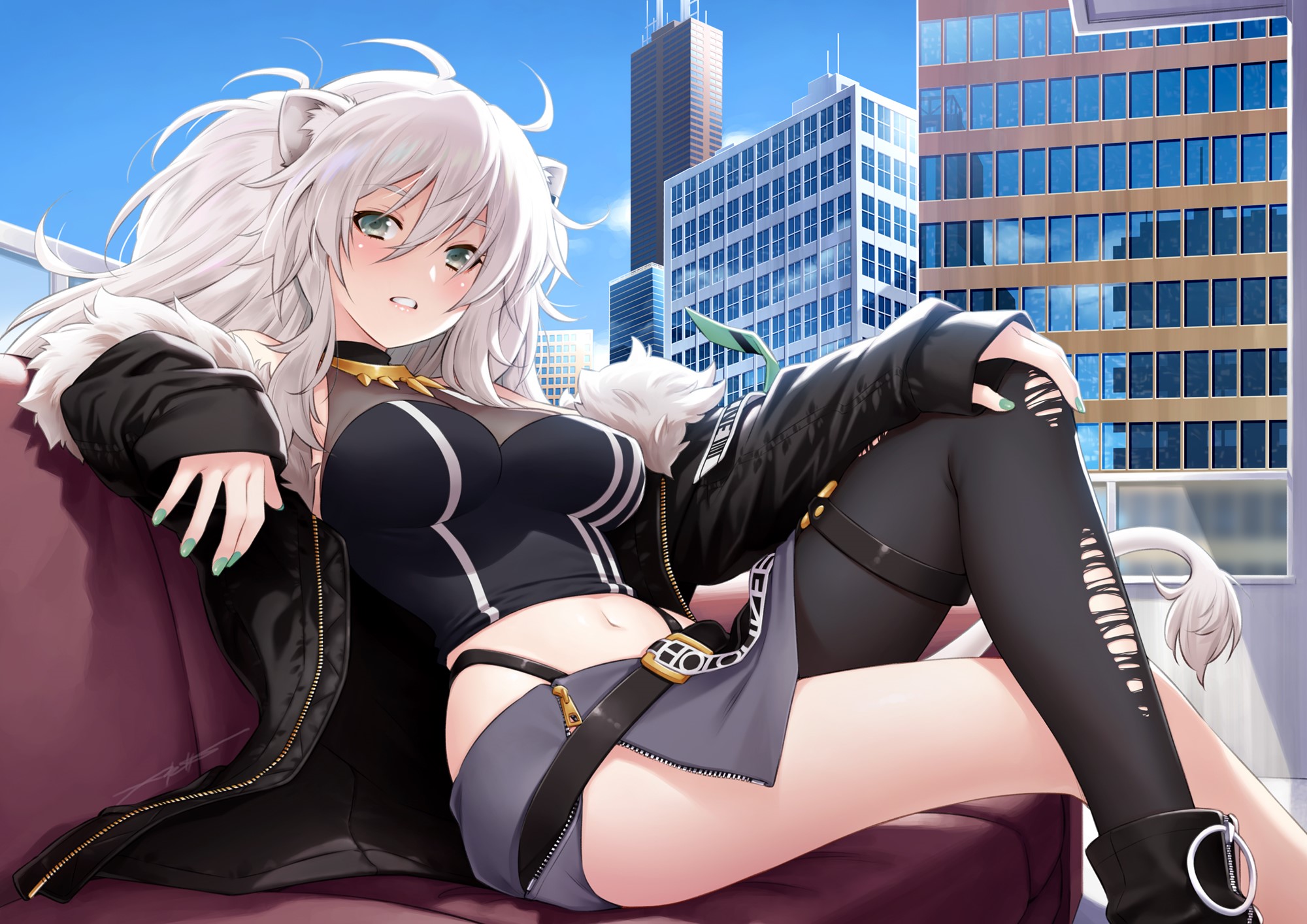 2D, green eyes, portrait, anime girls, tail, silver hair, Kazuma Muramasa, animal ears, artwork, Hololive, anime, digital art, Shishiro Botan HD Wallpaper