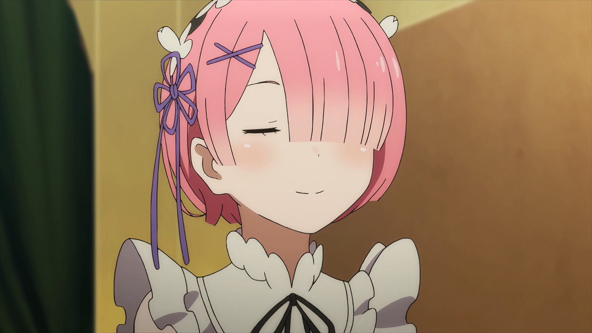 Re:Zero Kara Hajimeru Isekai Seikatsu, Ram (Re: Zero), anime, anime girls, short hair, closed eyes, smiling, pink hair, maid HD Wallpaper