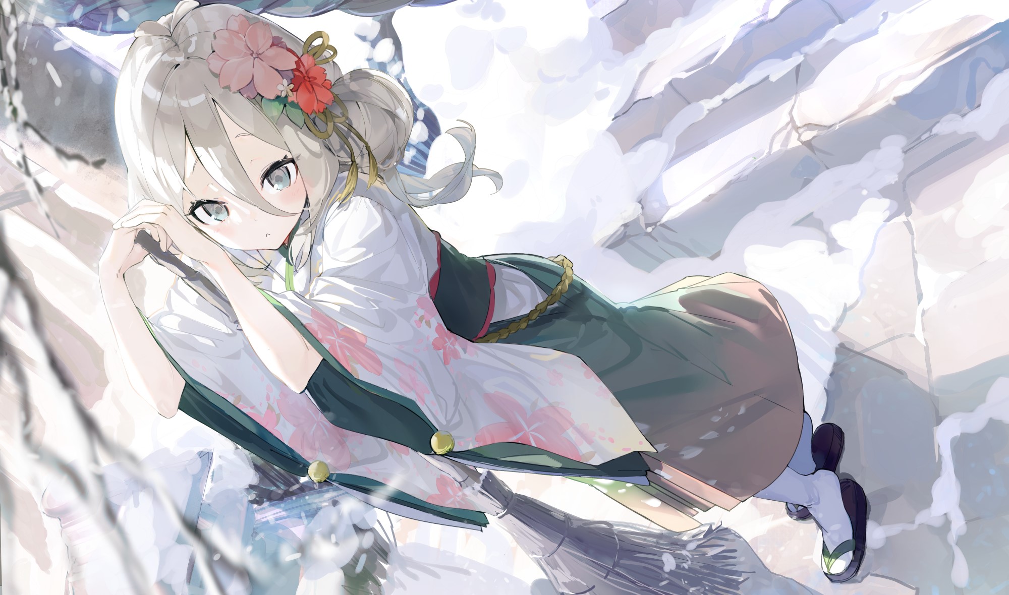 blue eyes, anime girls, AiDa, digital art, snow, silver hair, 2D, Kokkoro (Princess Connect), Princess Connect Re:Dive, portrait, anime, Japanese clothes, broom, artwork HD Wallpaper