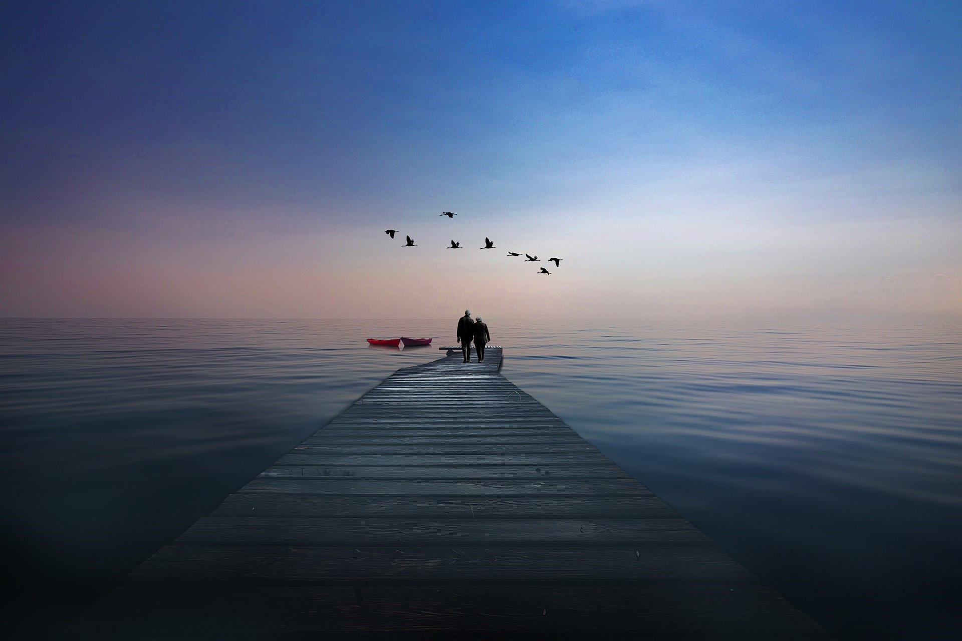 water, birds, people, bridge, clear sky, boat, couple HD Wallpaper