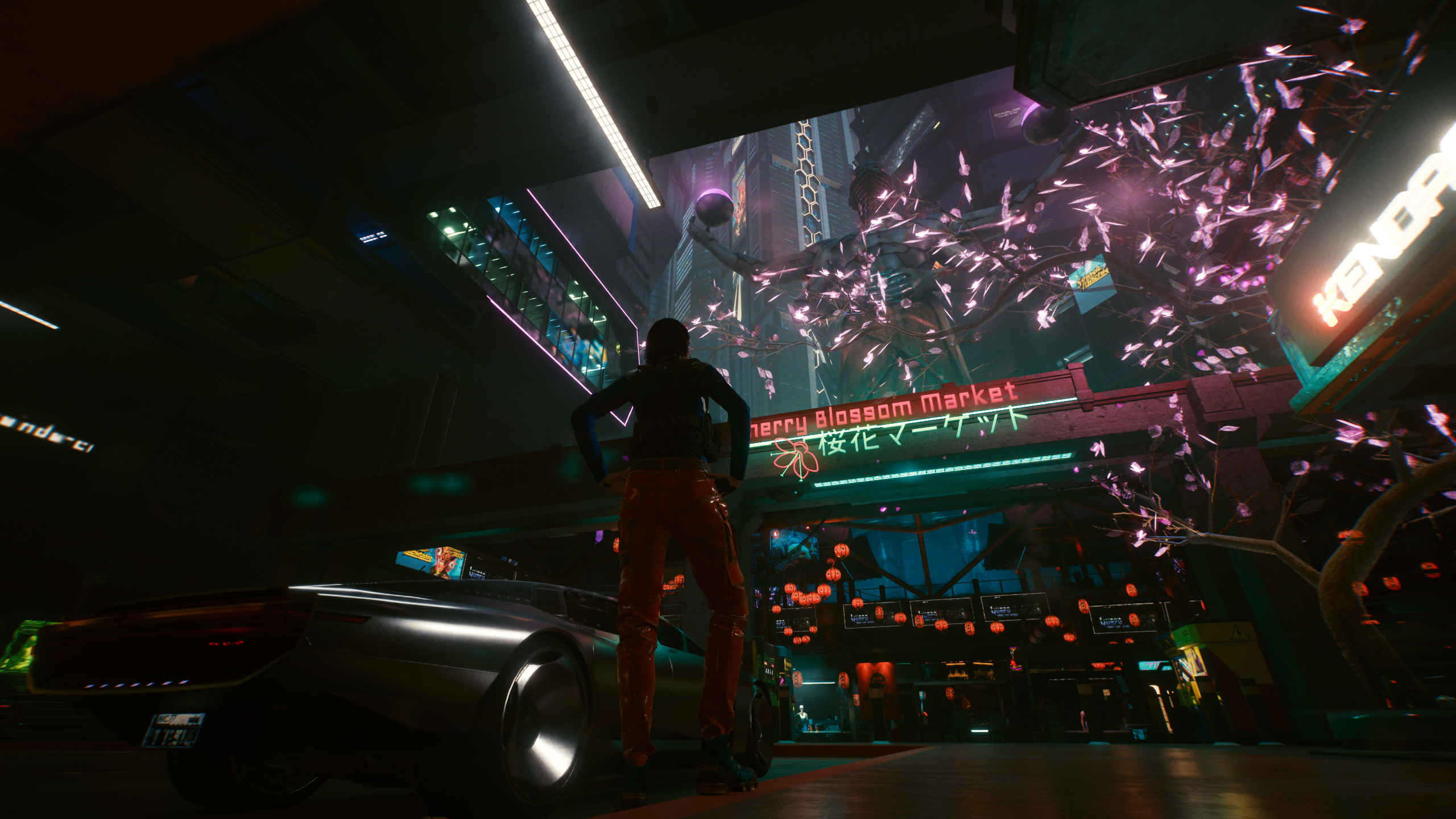cyberpunk, cherry blossom, trees, Cyberpunk 2077, palm trees, urban, car, lights, markets, futuristic, cityscape, city, street view, California HD Wallpaper