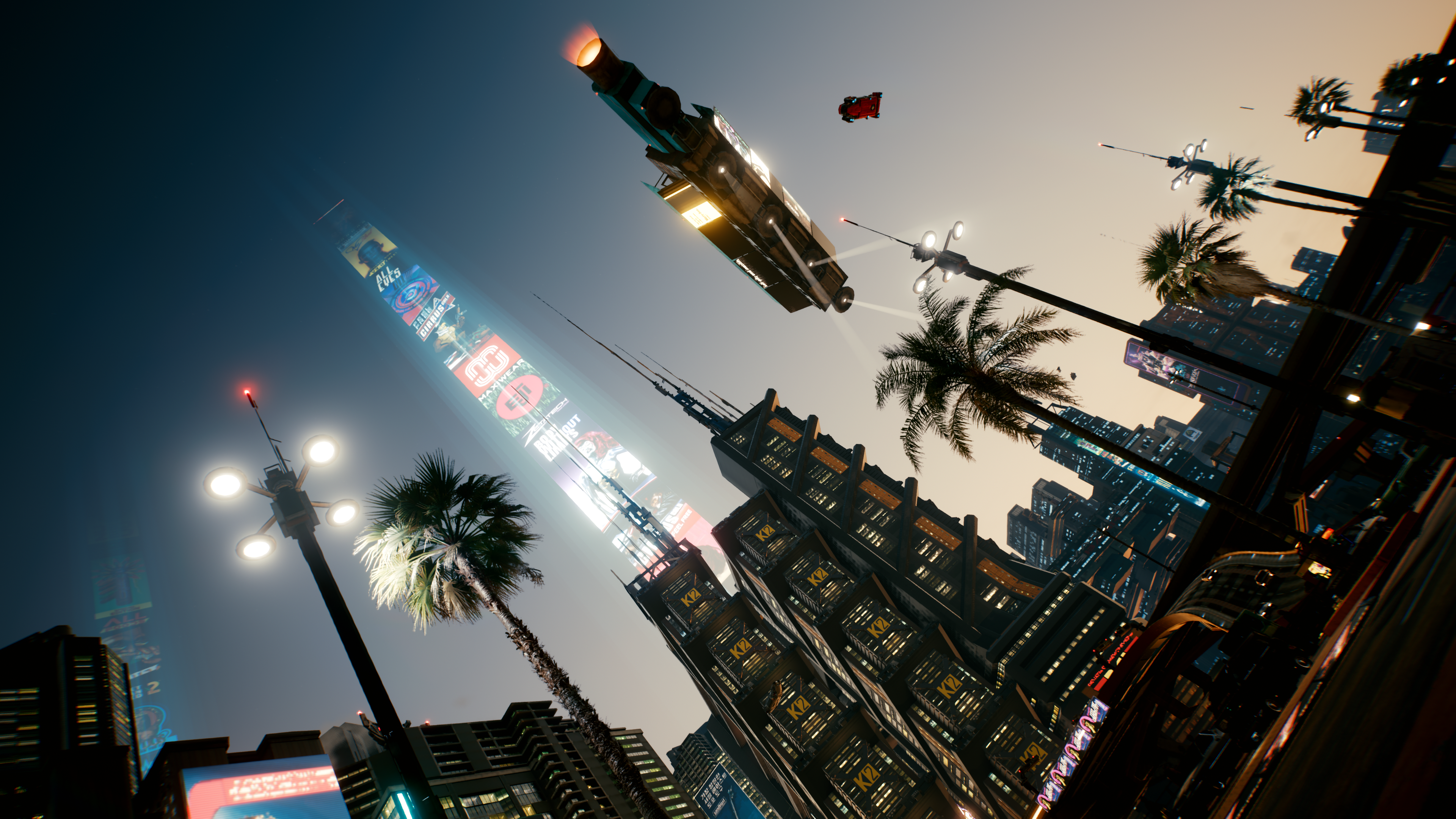 4K, trees, futuristic, street view, skyscraper, city, Vista, cityscape, California, cyberpunk, palm trees, Cyberpunk 2077, horizon HD Wallpaper