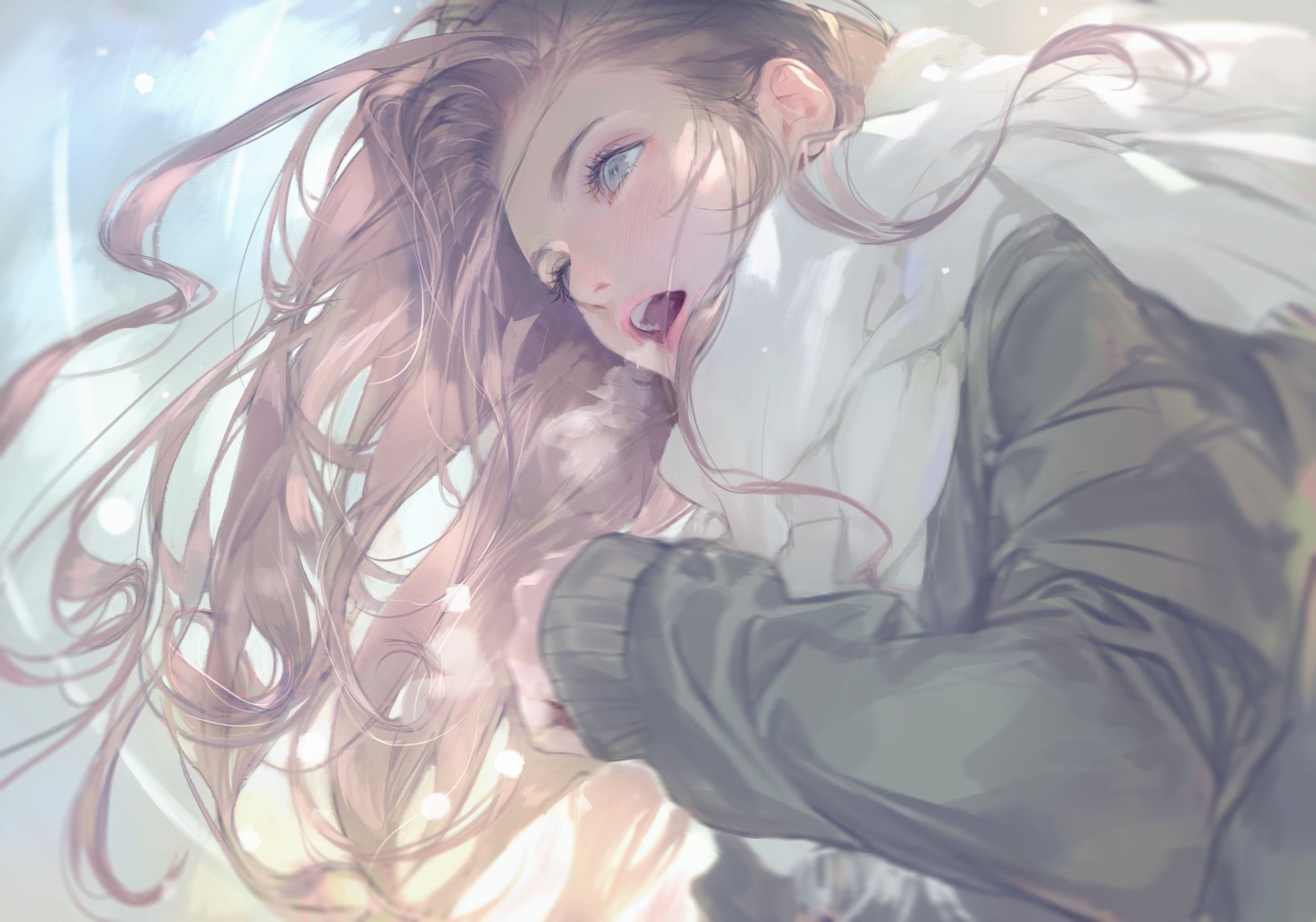 open mouth, women, looking away, clouds, digital art, aqua eyes, pink hair, scarf, winter, long hair, jacket HD Wallpaper