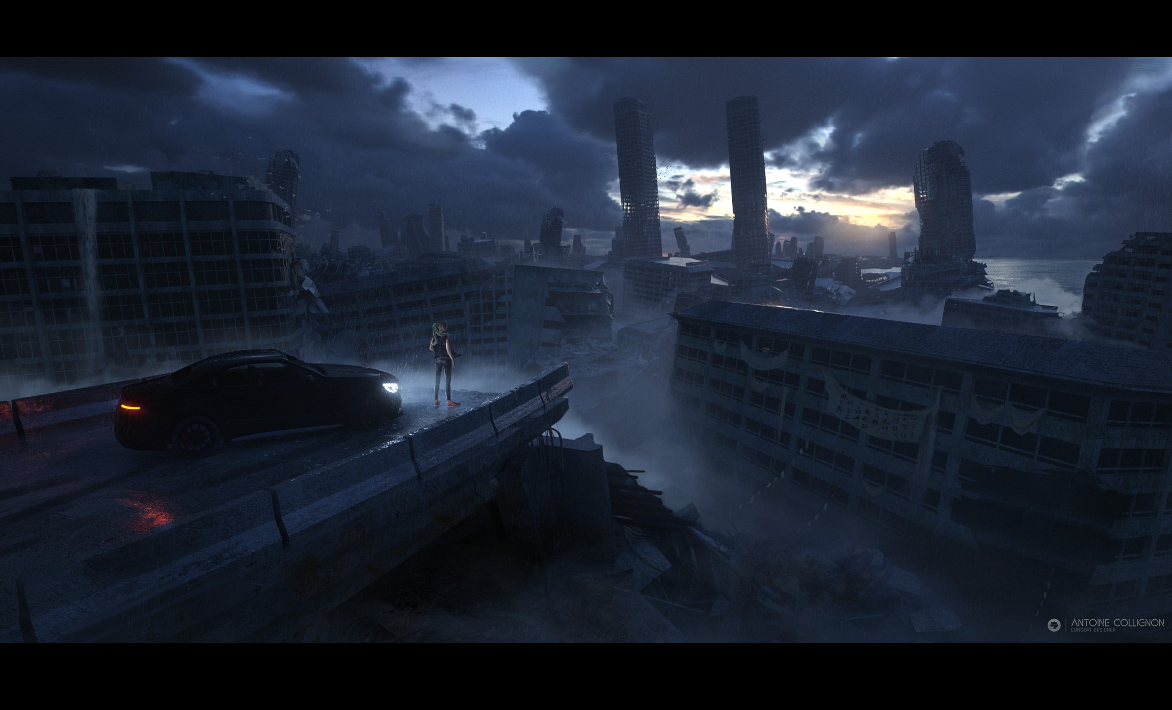 dark, ruin, car, ArtStation, vehicle, science fiction, sky, apocalyptic, Antoine Collignon, science fiction women, cityscape, women, ruins, artwork, digital art HD Wallpaper