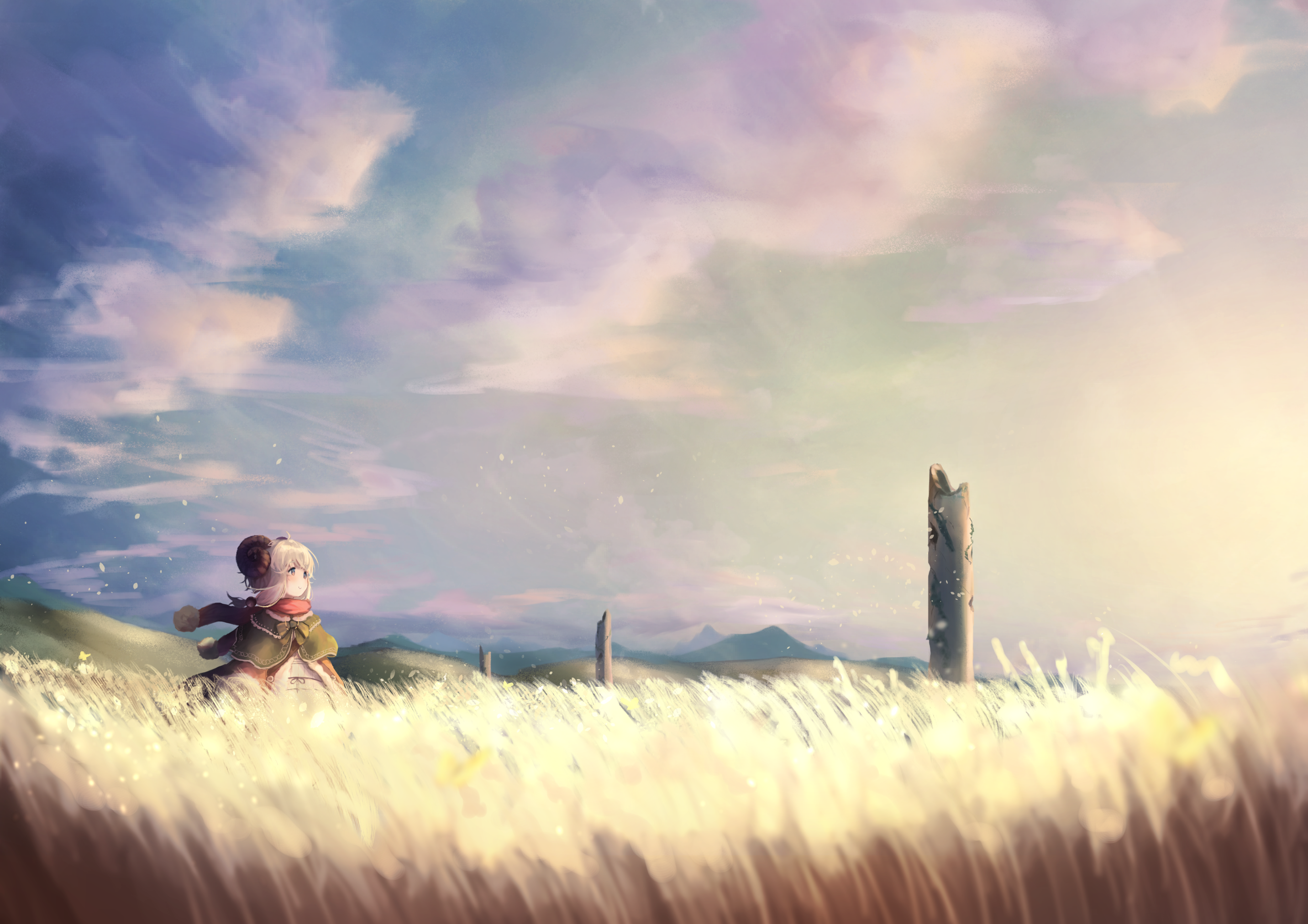 wheat, horns, loli, Inushida, sky, anime girls, tower, clouds HD Wallpaper