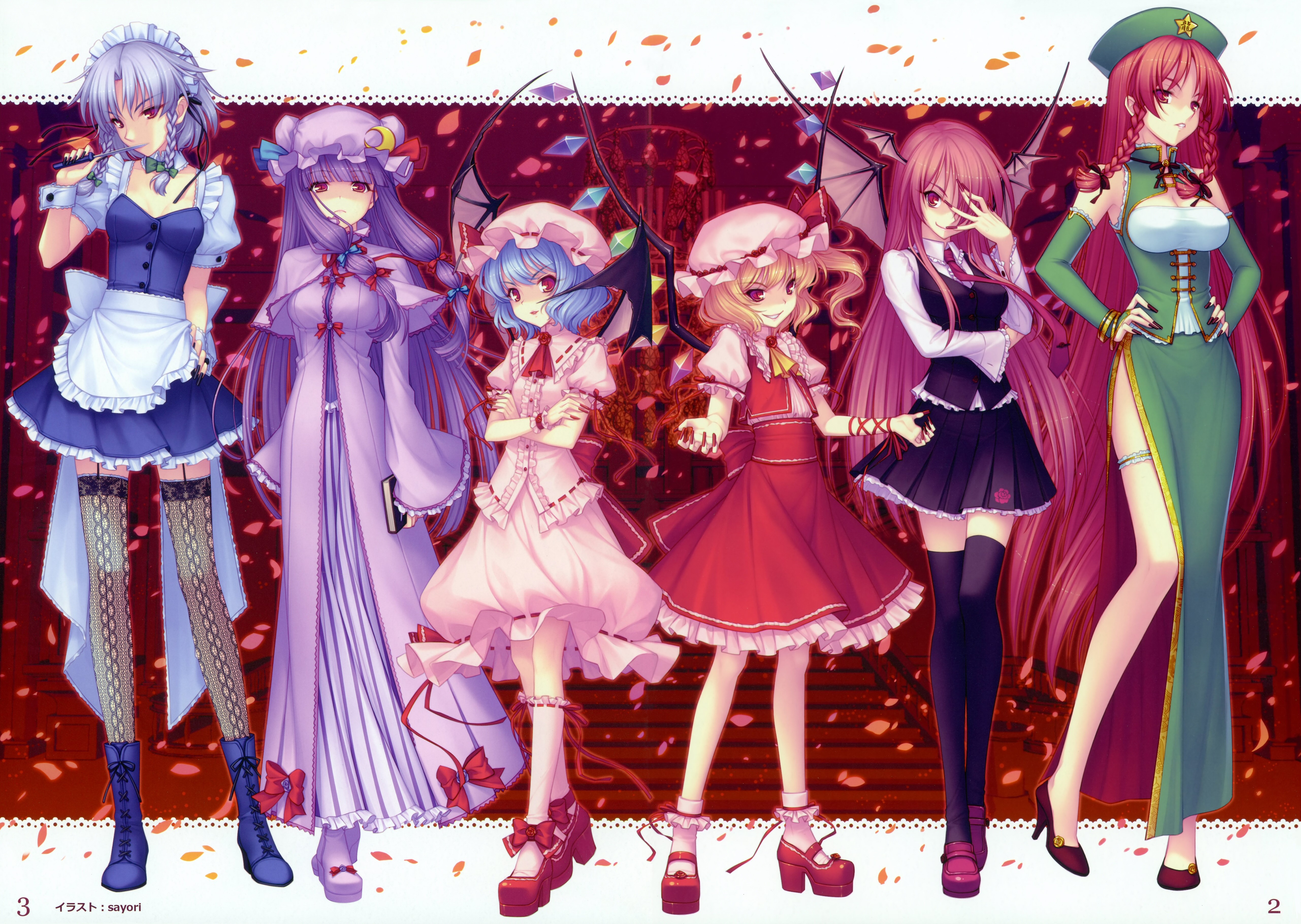 4K, Patchouli Knowledge, Touhou, Hong Meiling, Neko Works, Flandre Scarlet, Sayori, Izayoi Sakuya, Remilia Scarlet, anime, anime girls, Koakuma HD Wallpaper