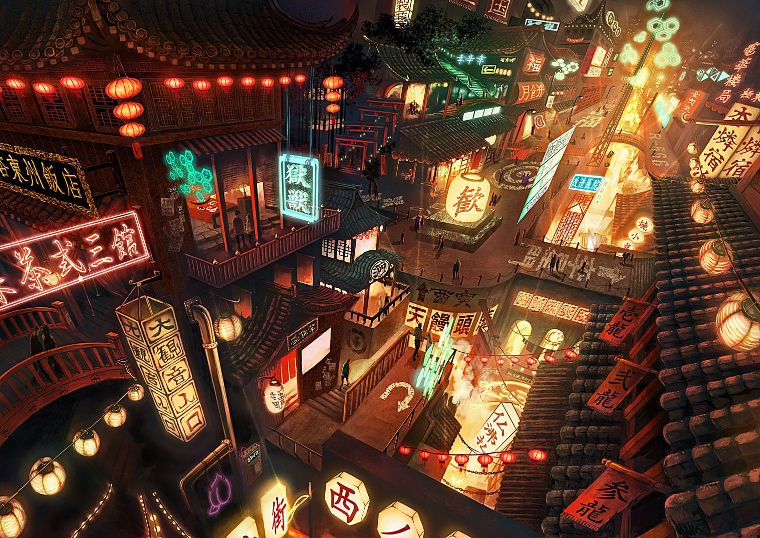 Anime digital art of a bustling Chinatown at night HD Wallpaper