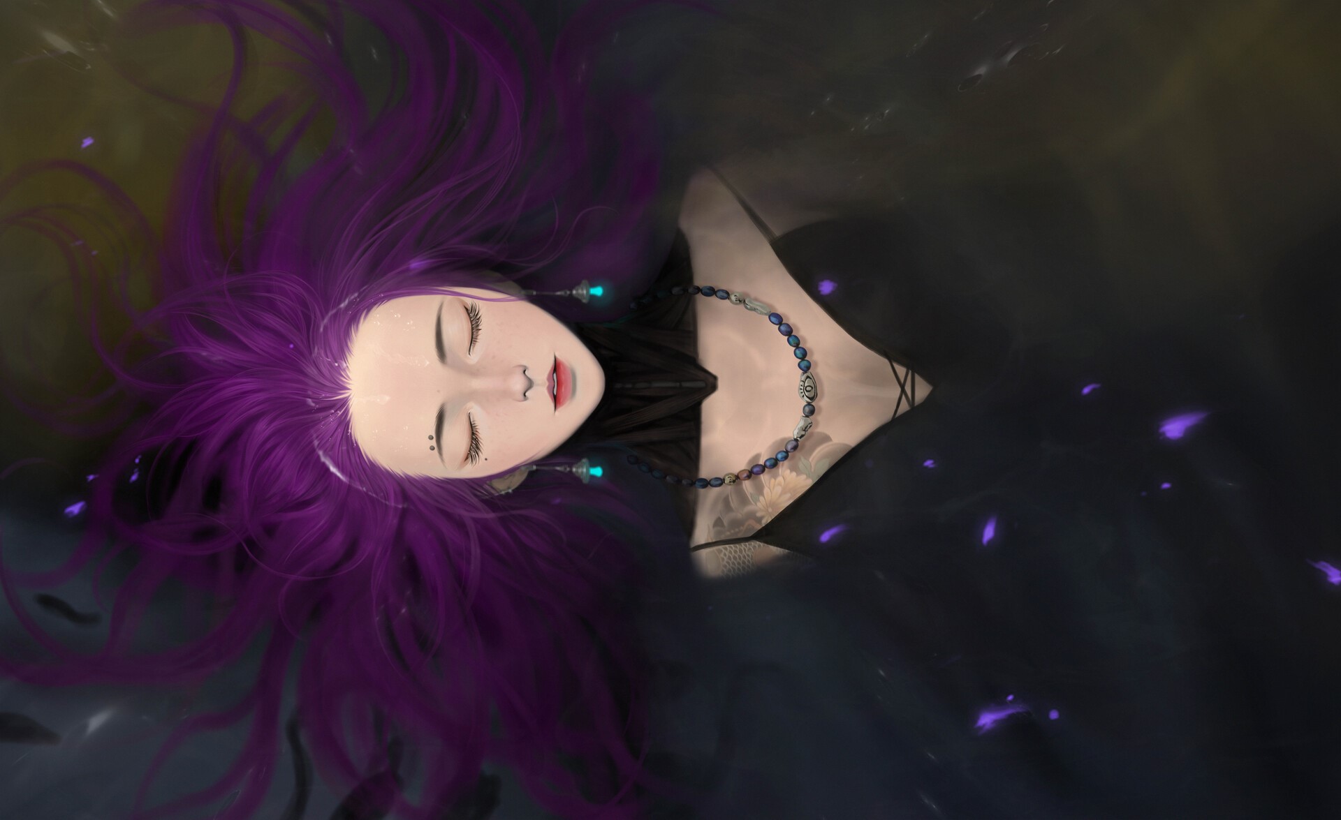 Digital art of a woman with purple hair lying down HD Wallpaper