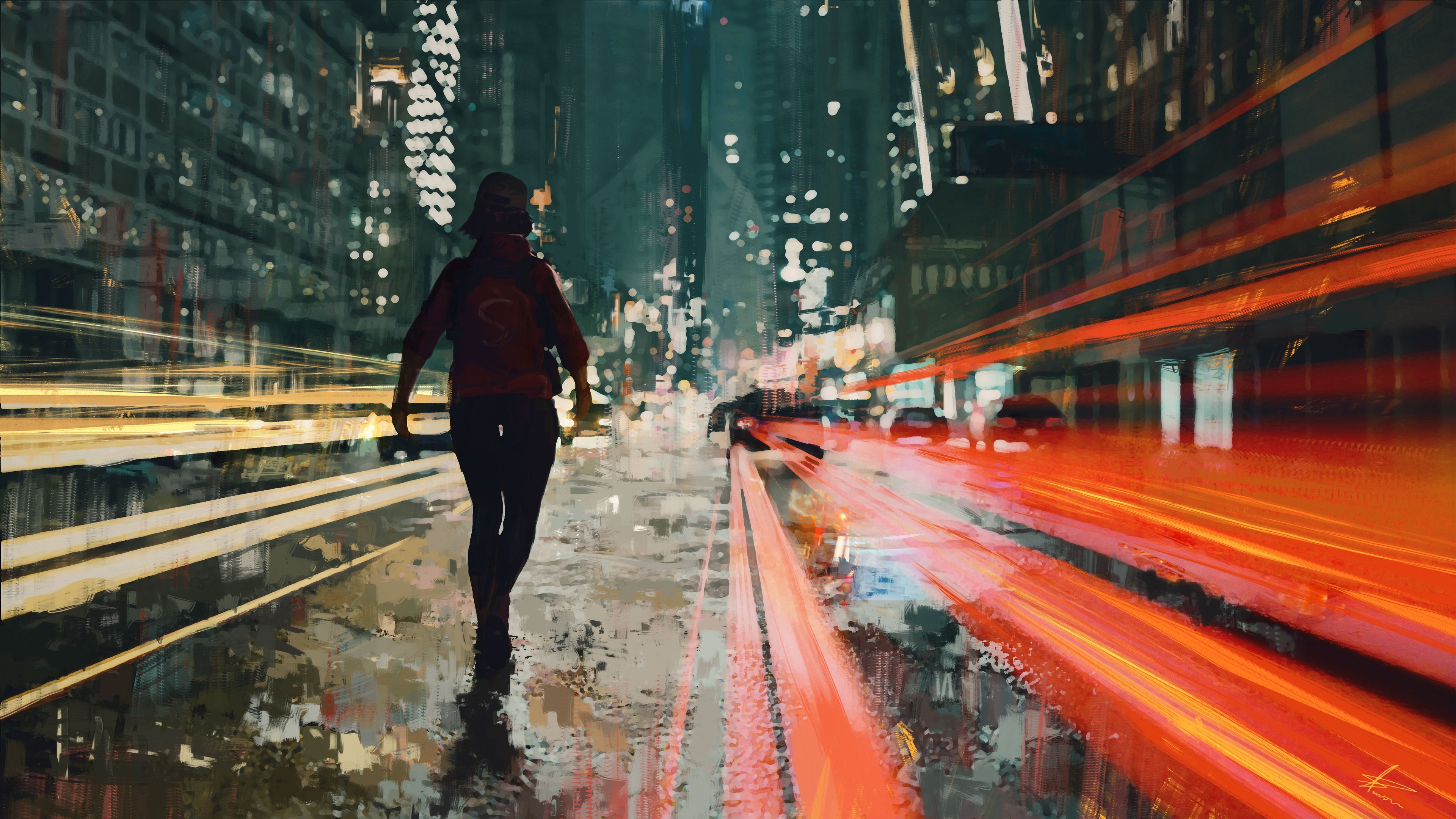 Artwork of a person walking in a city at night HD Wallpaper