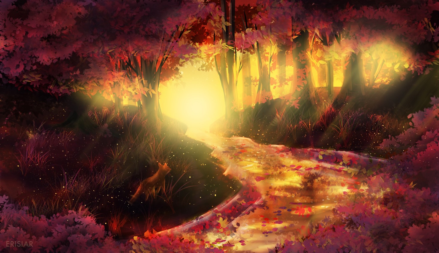 Fox in a sunlit forest with autumn leaves HD Wallpaper