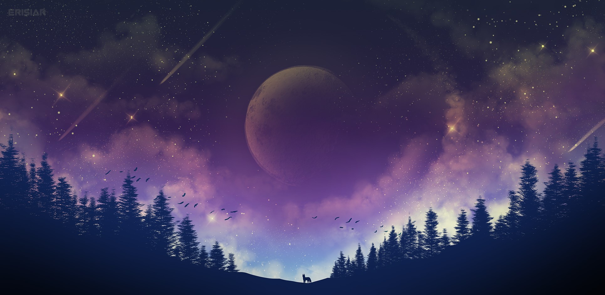 Erisiar's night sky with a planet and shooting stars HD Wallpaper