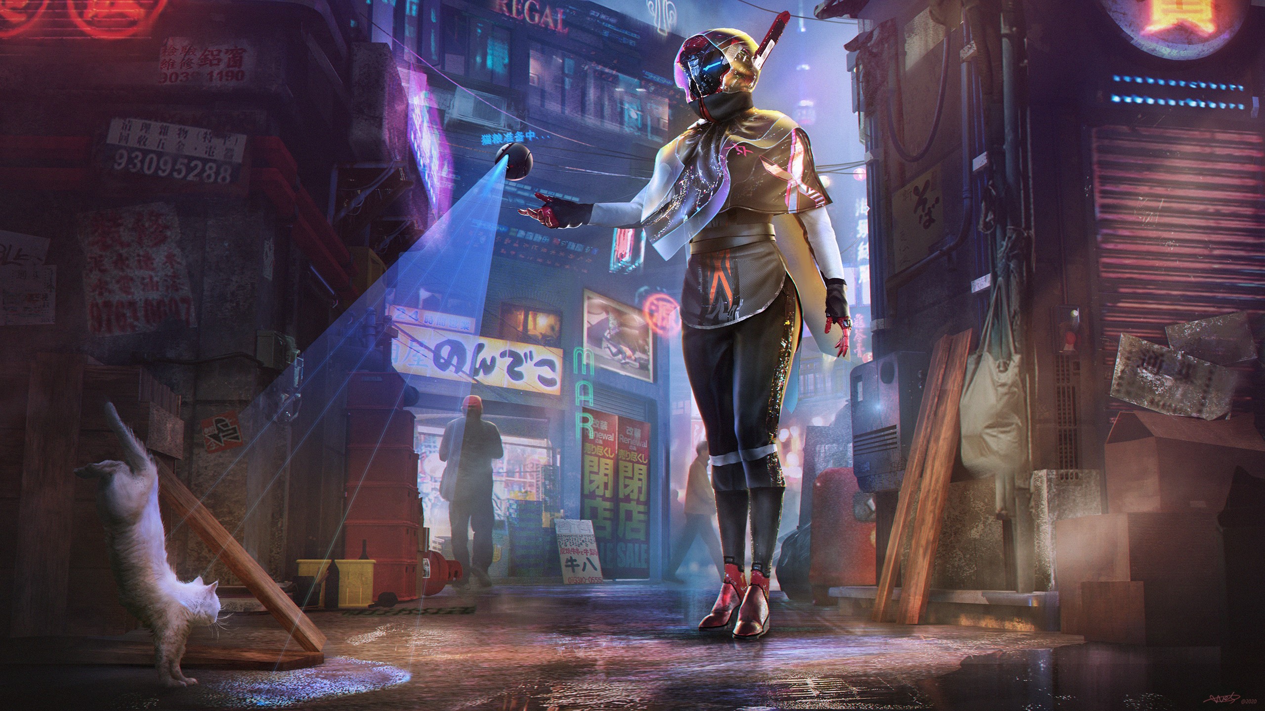 Cyberpunk alley with a futuristic person and a cat HD Wallpaper