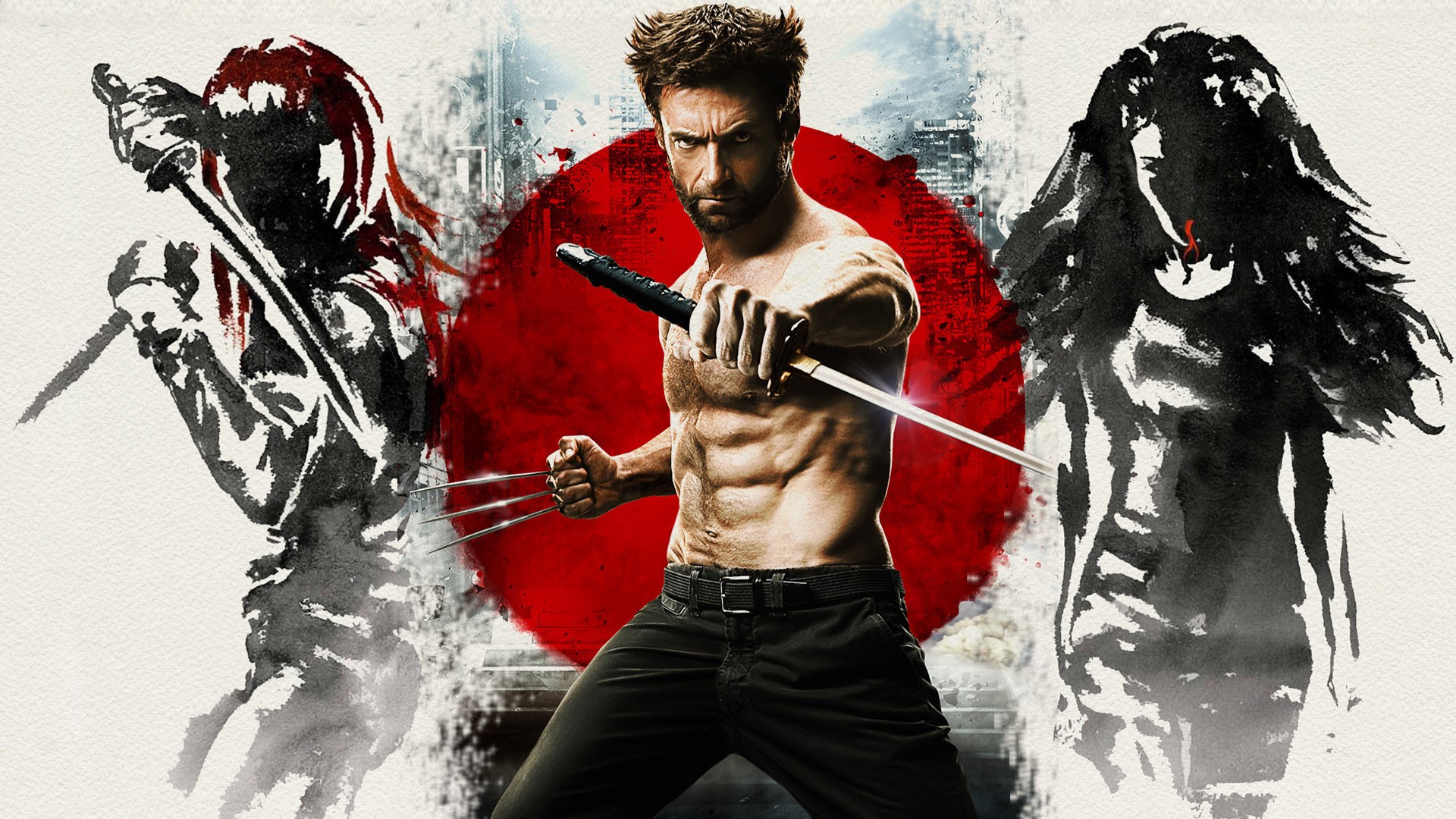 Wolverine and two female warriors in front of a red circle HD Wallpaper