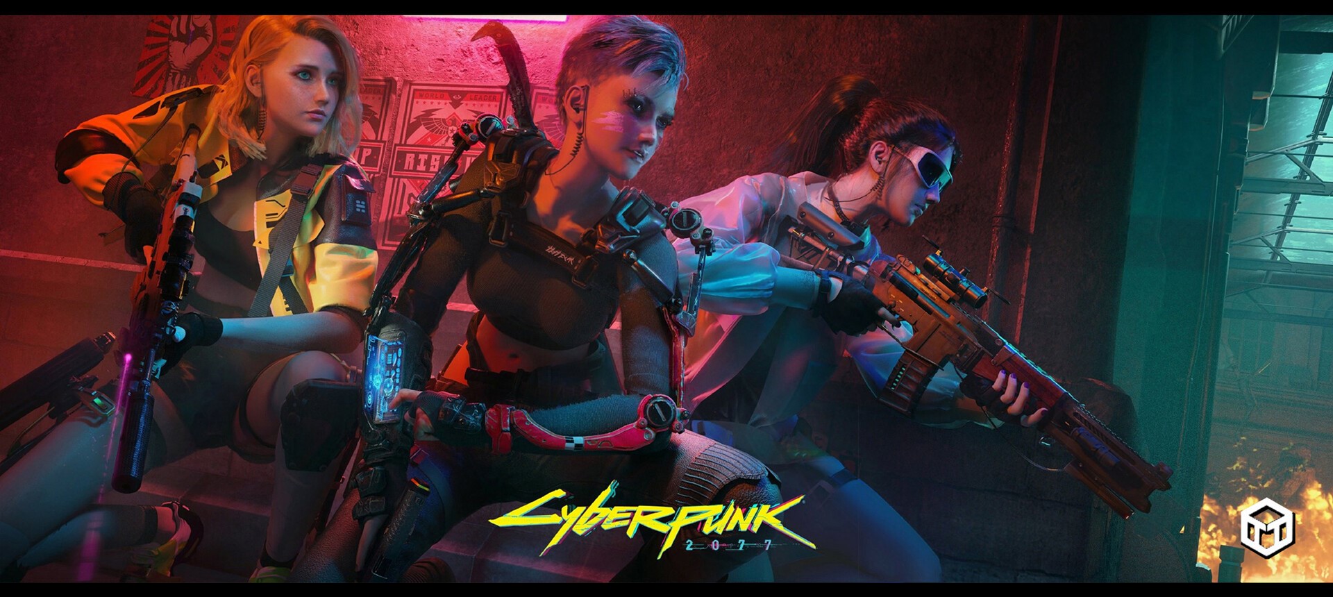 Three women with guns in Cyberpunk 2077 HD Wallpaper