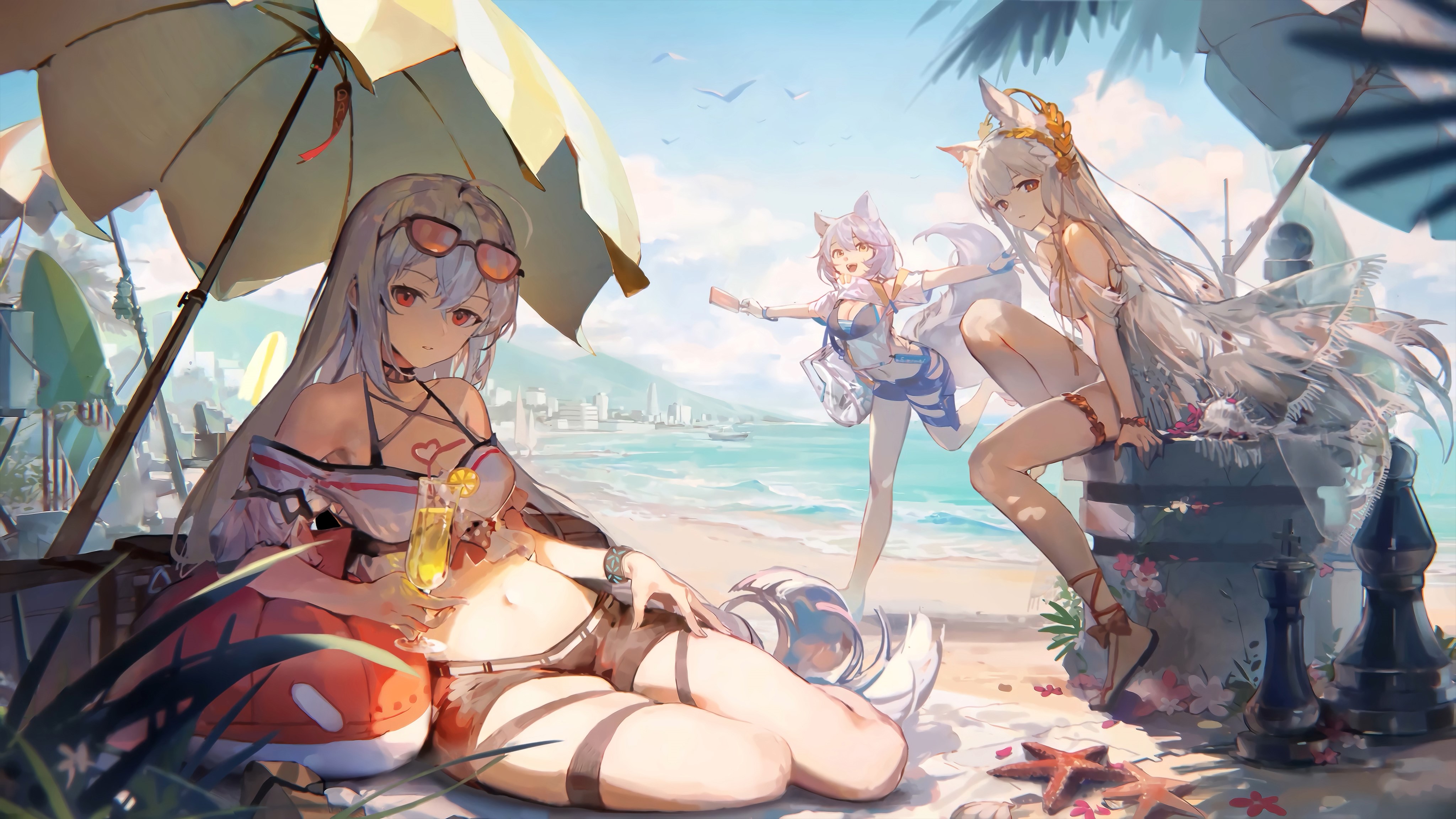 4K Arknights characters on a beach HD Wallpaper