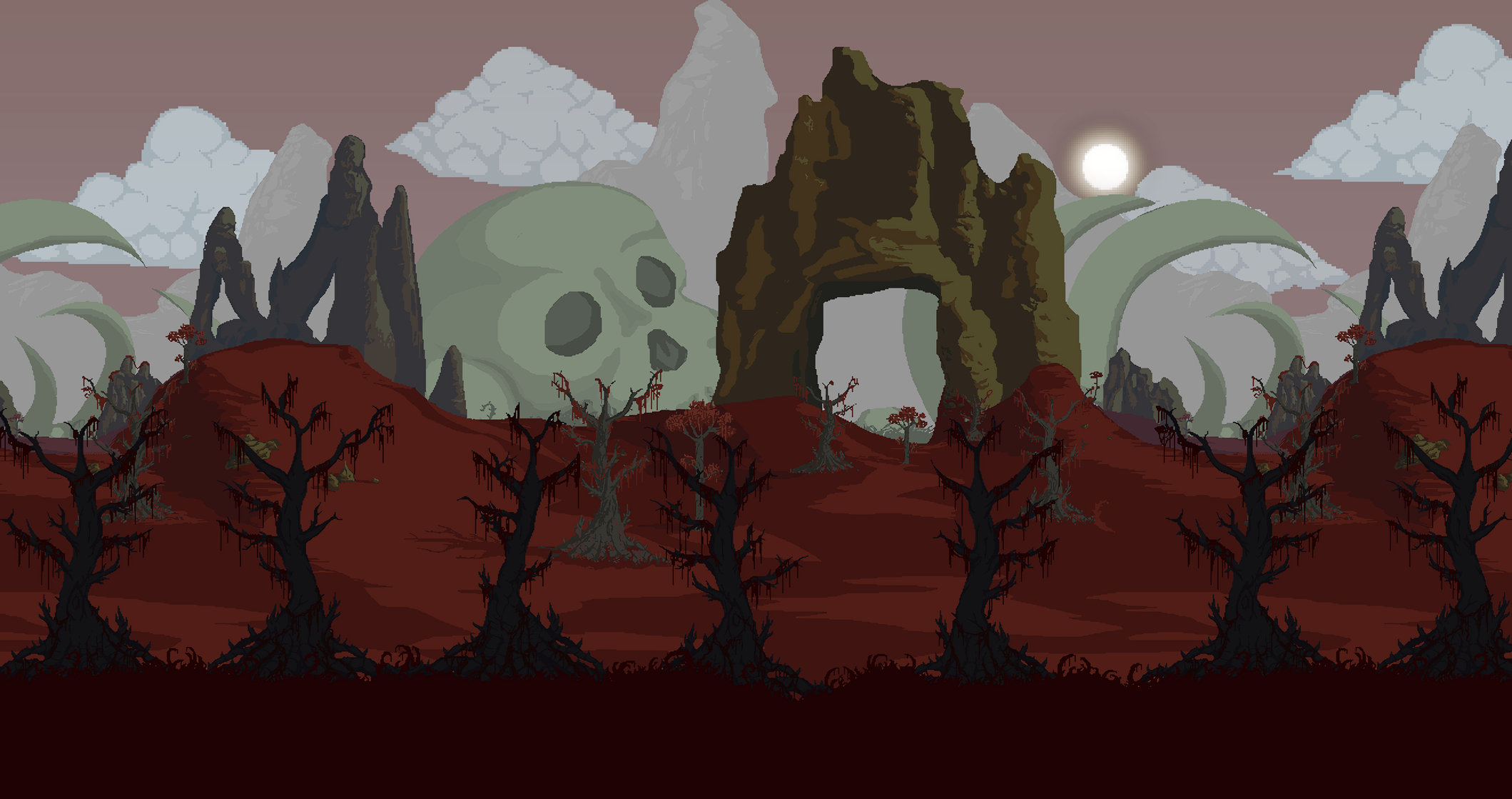 Pixel art landscape with giant skull and rock arch HD Wallpaper