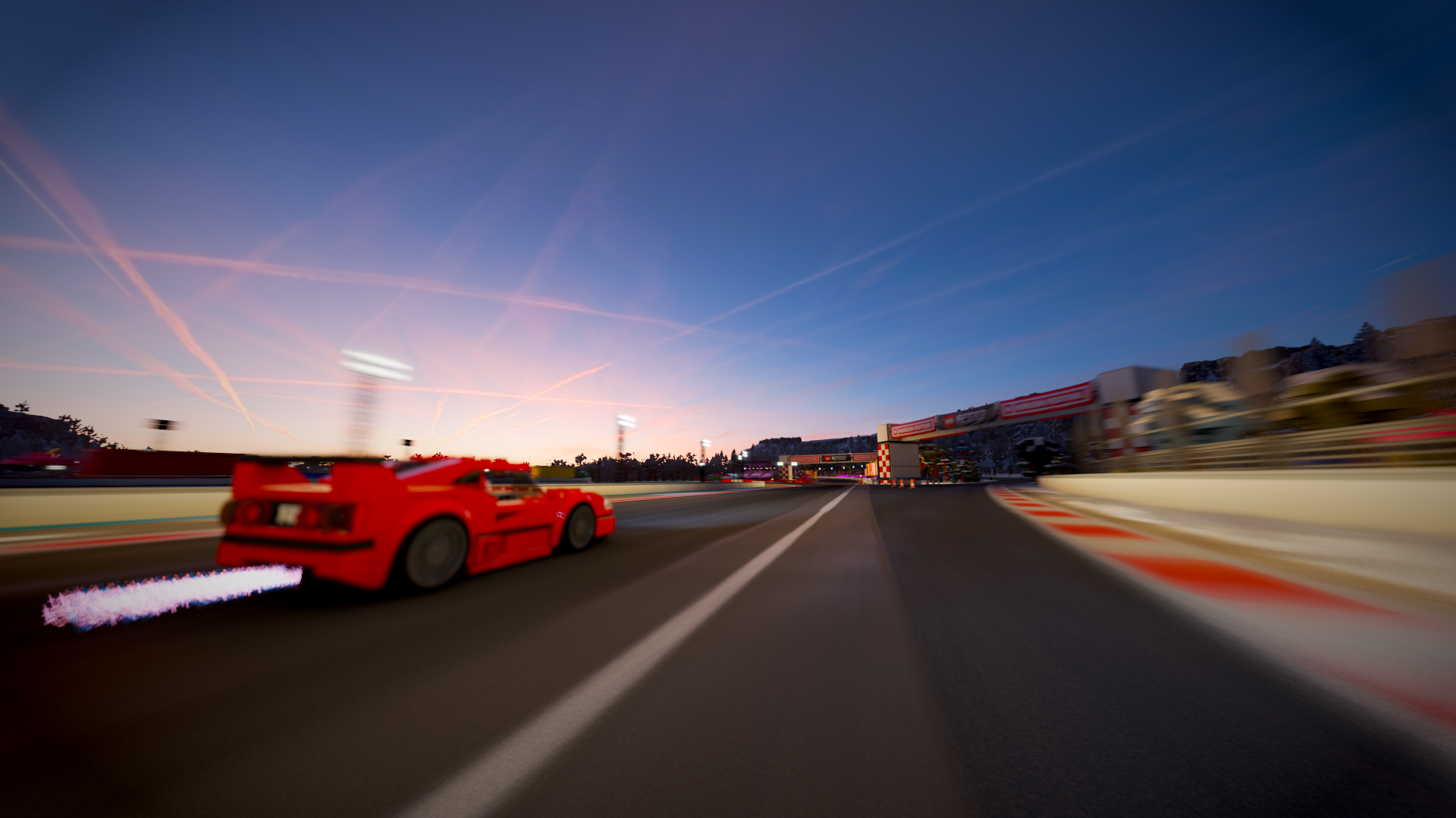 Red car racing on a track at sunset in Forza Horizon 4 HD Wallpaper