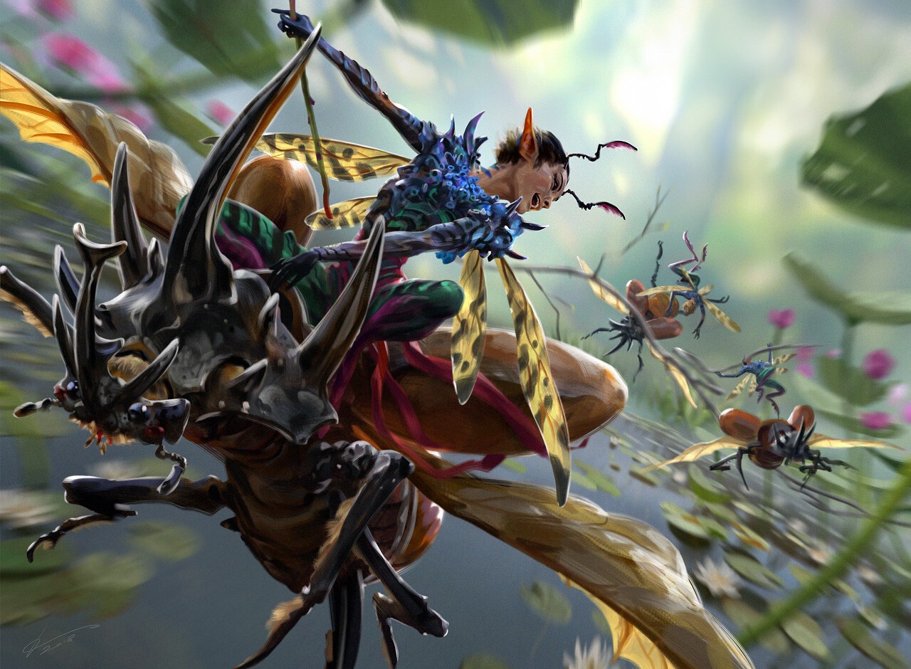 Fairy riding a rhinoceros beetle with other insects flying HD Wallpaper