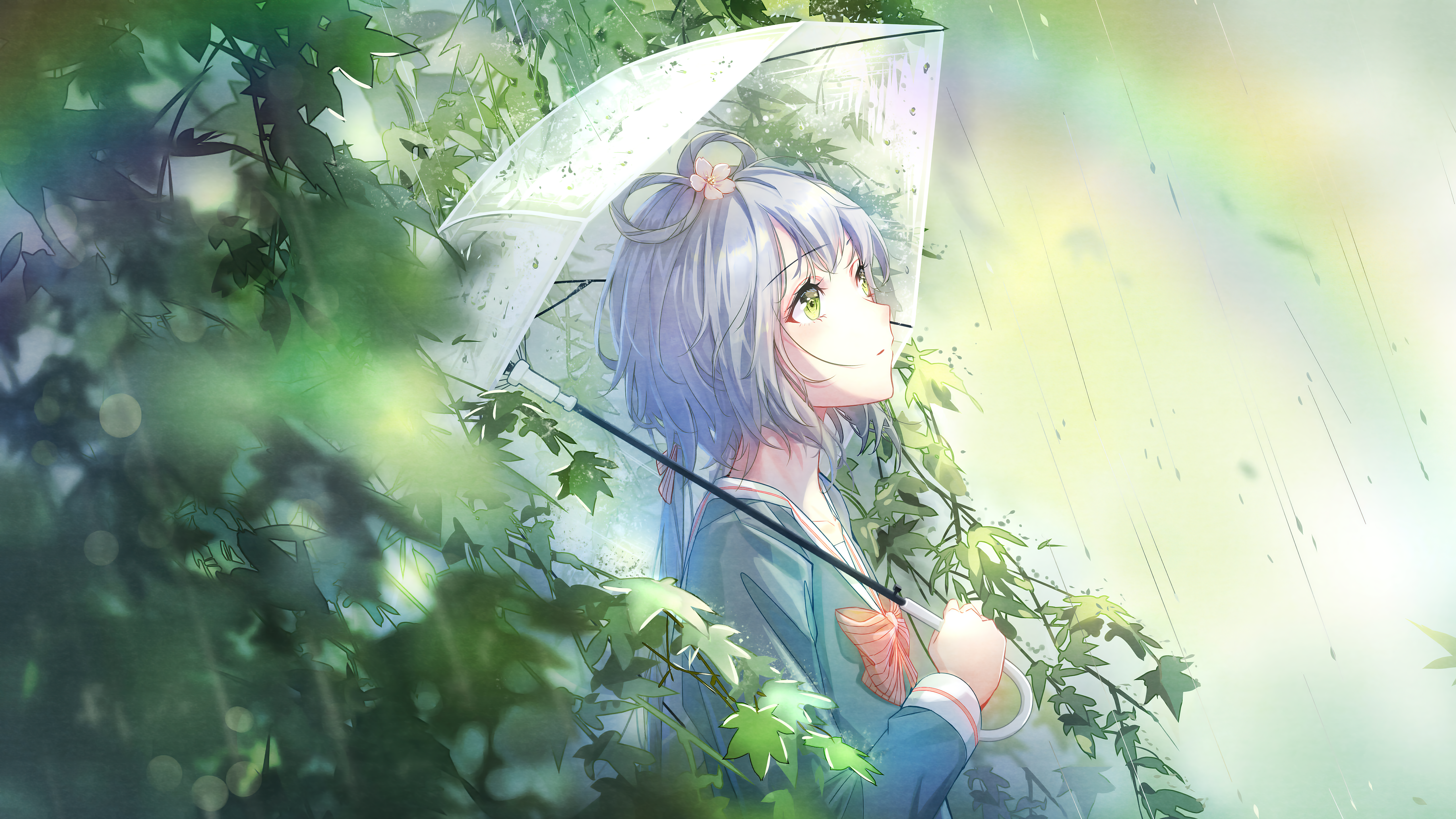 Luo Tianyi from Vocaloid China with umbrella in rain HD Wallpaper