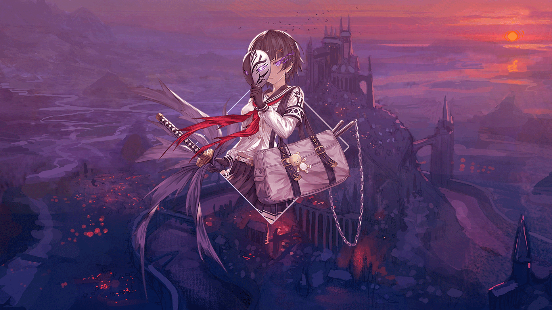 Anime girl with mask and katana in front of castle HD Wallpaper
