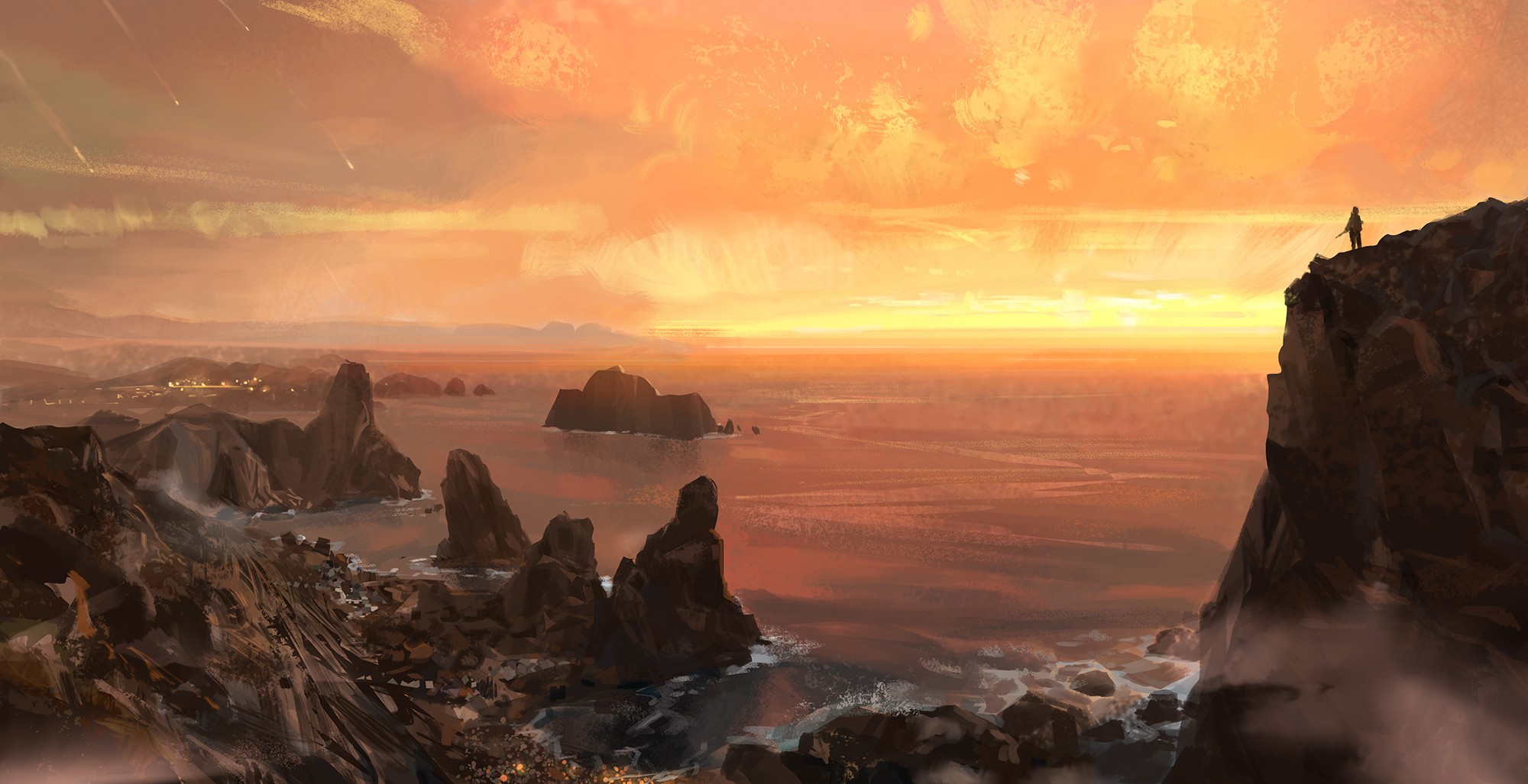 Digital art of a sunset over a rocky coastline HD Wallpaper