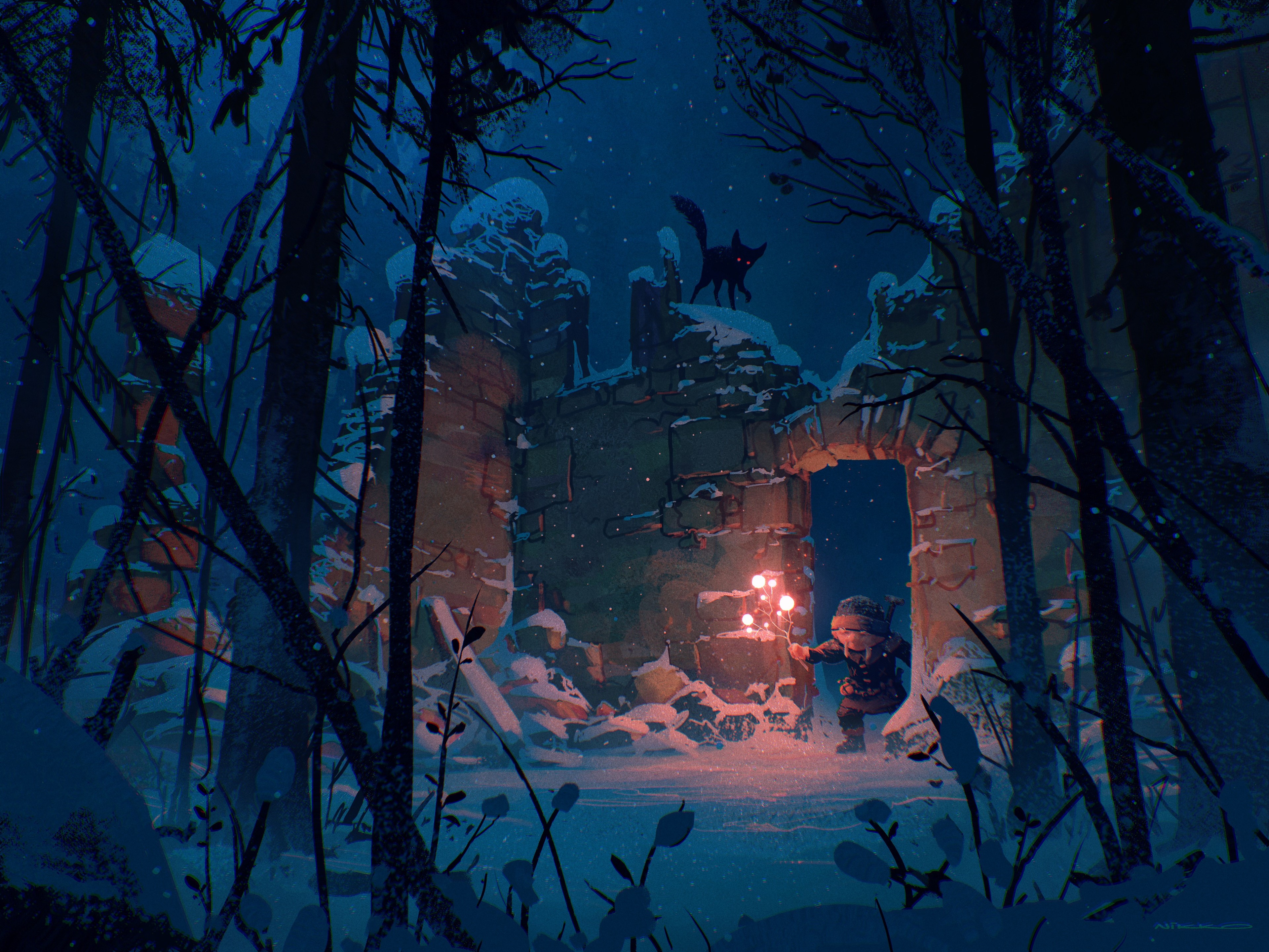 Artwork by Nikolai Lockertsen of a child with lights in a snowy forest HD Wallpaper