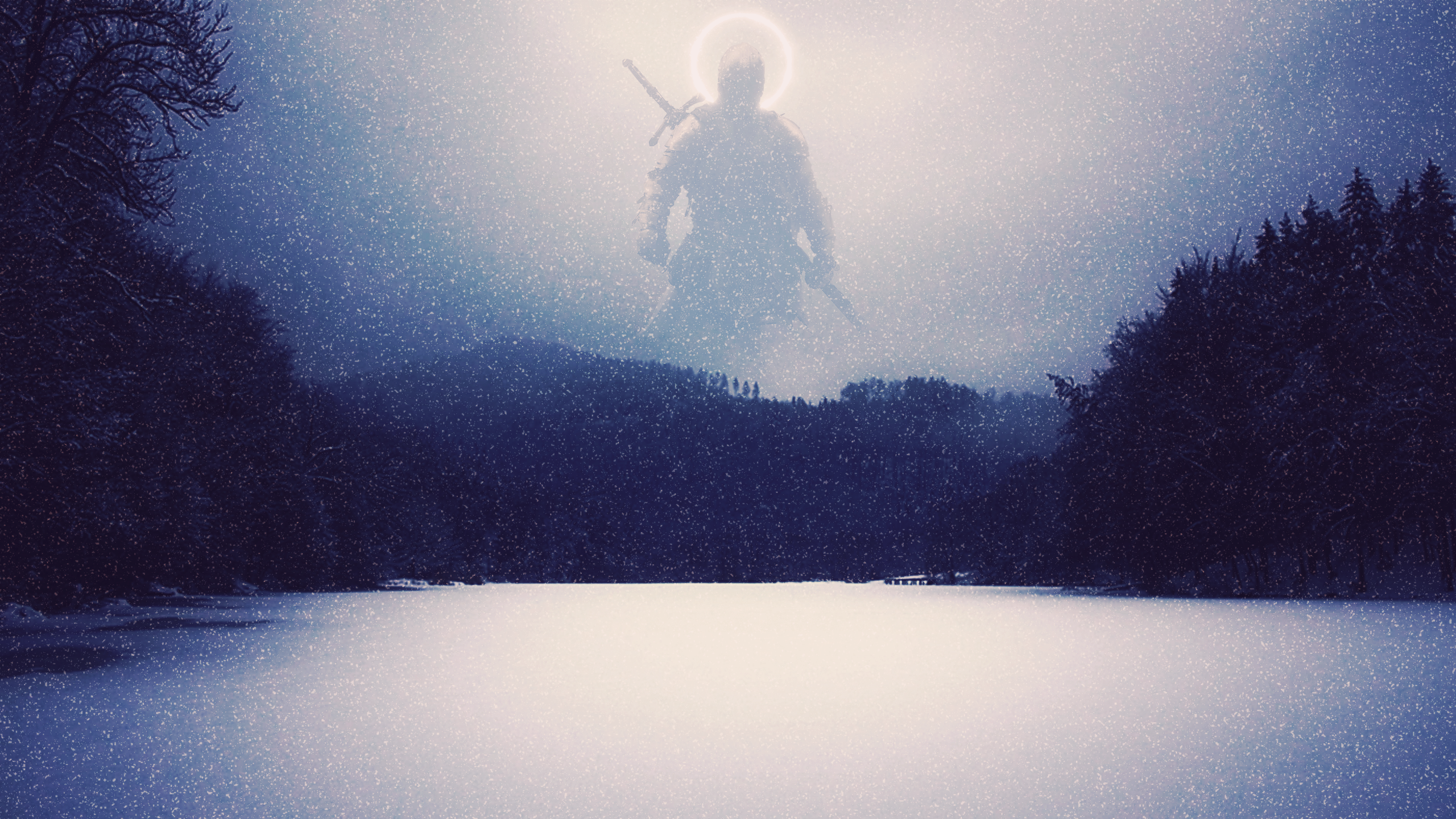 Knight with halo in a snowy forest HD Wallpaper