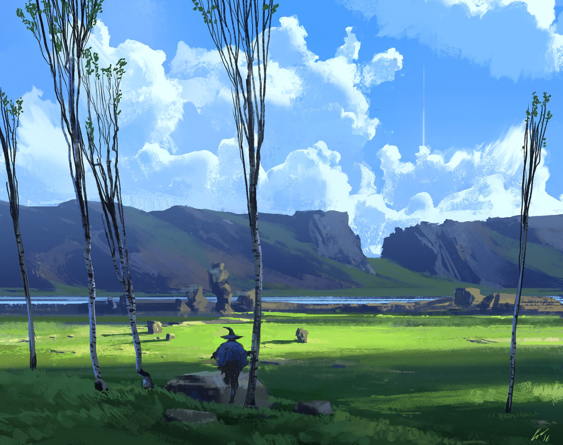 A lone figure walks through a grassy field with mountains in the background HD Wallpaper