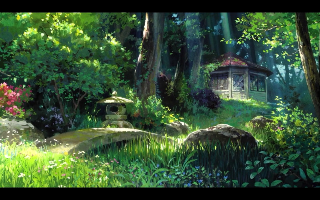 Gazebo in a sun-dappled forest garden HD Wallpaper