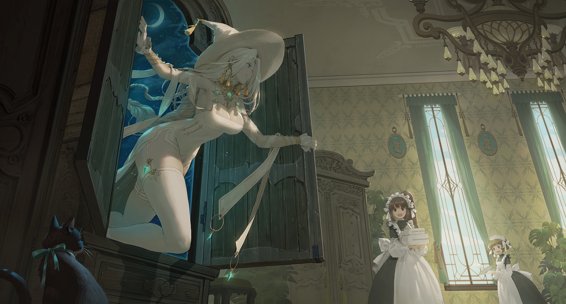 Witch emerging from a closet portal with maids and a cat HD Wallpaper