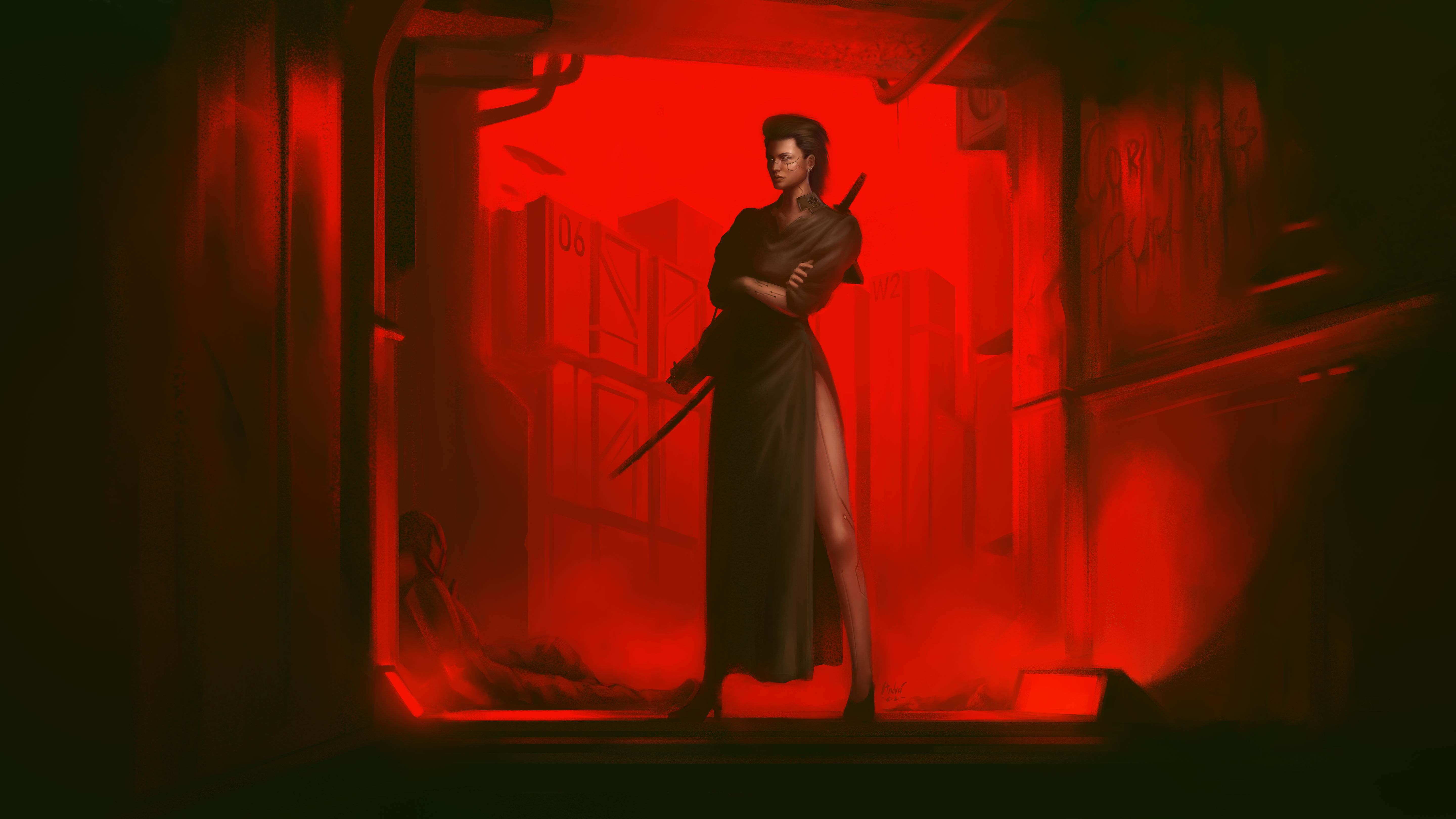 Cyberpunk 2077 V with Katana in Red Cityscape HD Wallpaper