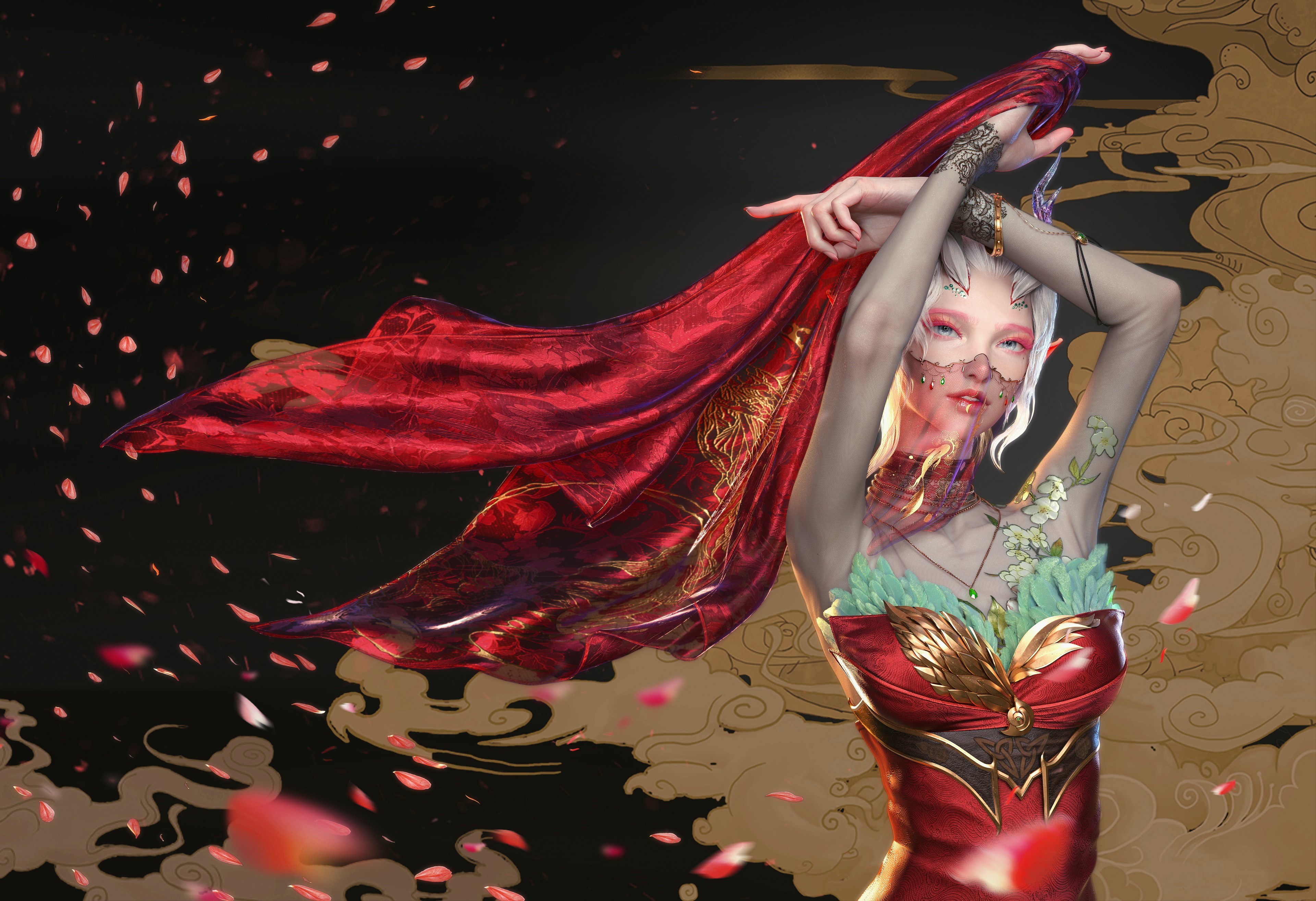Fantasy girl with red scarf and ornate dress HD Wallpaper