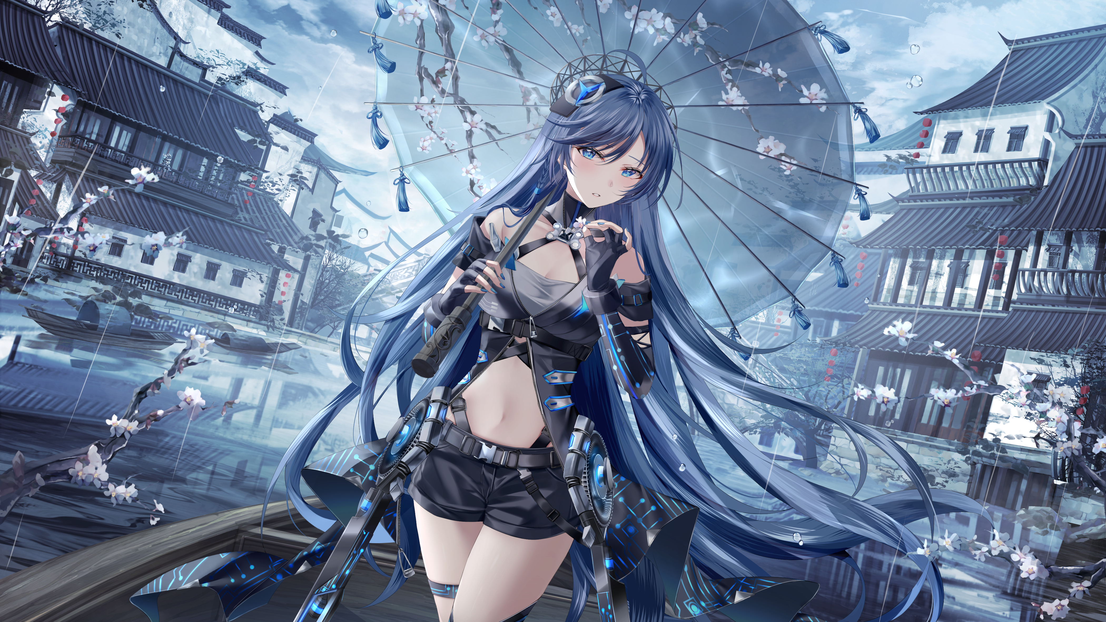 Anime girl with blue hair and umbrella in traditional village HD Wallpaper