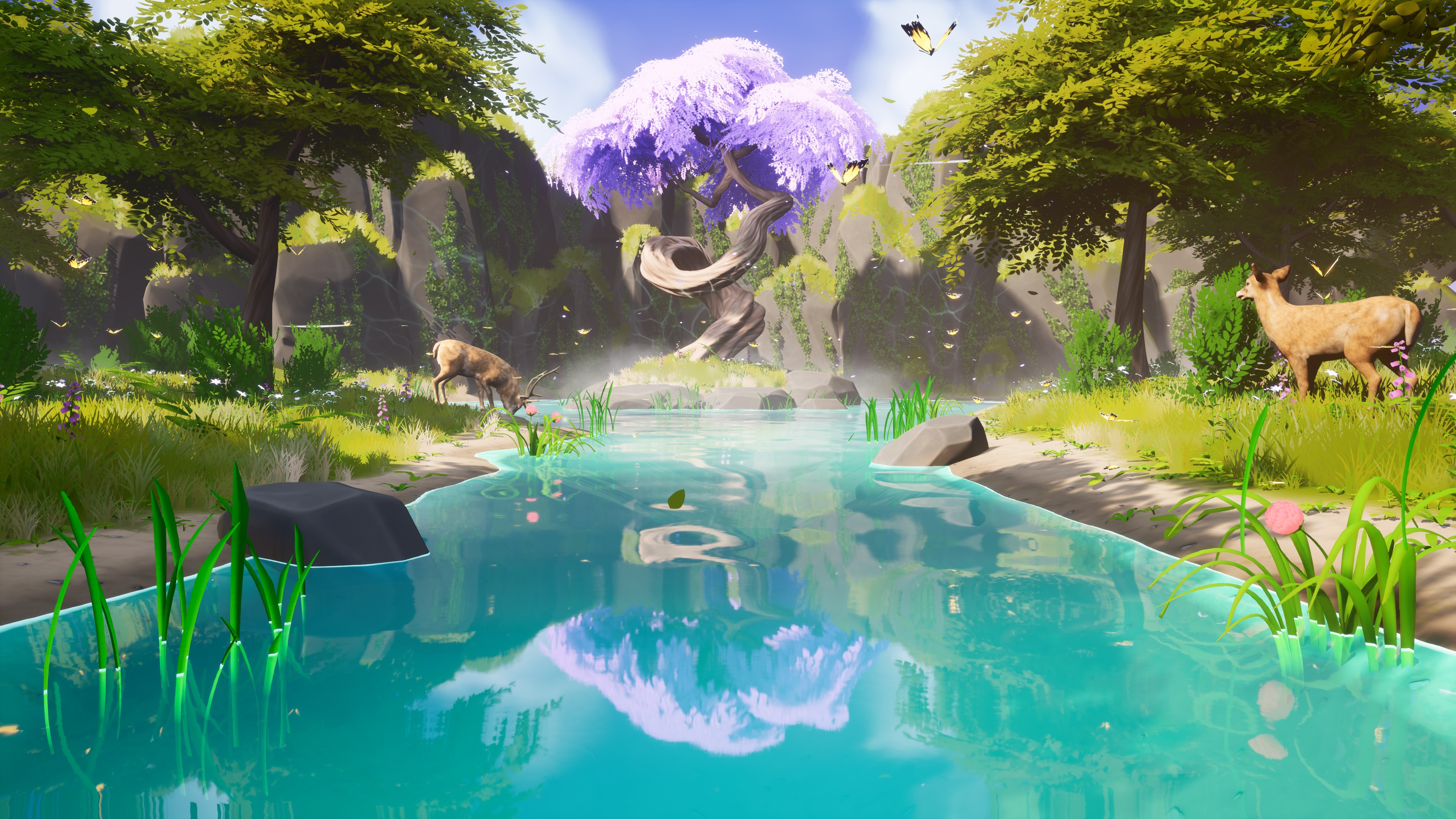4K illustration of a fantasy forest with deer and a river HD Wallpaper