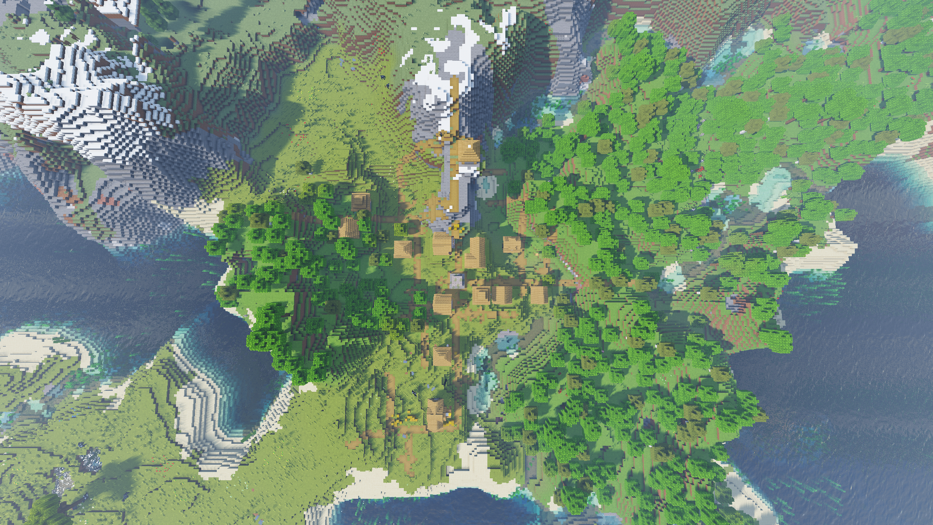 Aerial view of a Minecraft village in a forest and snowy mountains HD Wallpaper