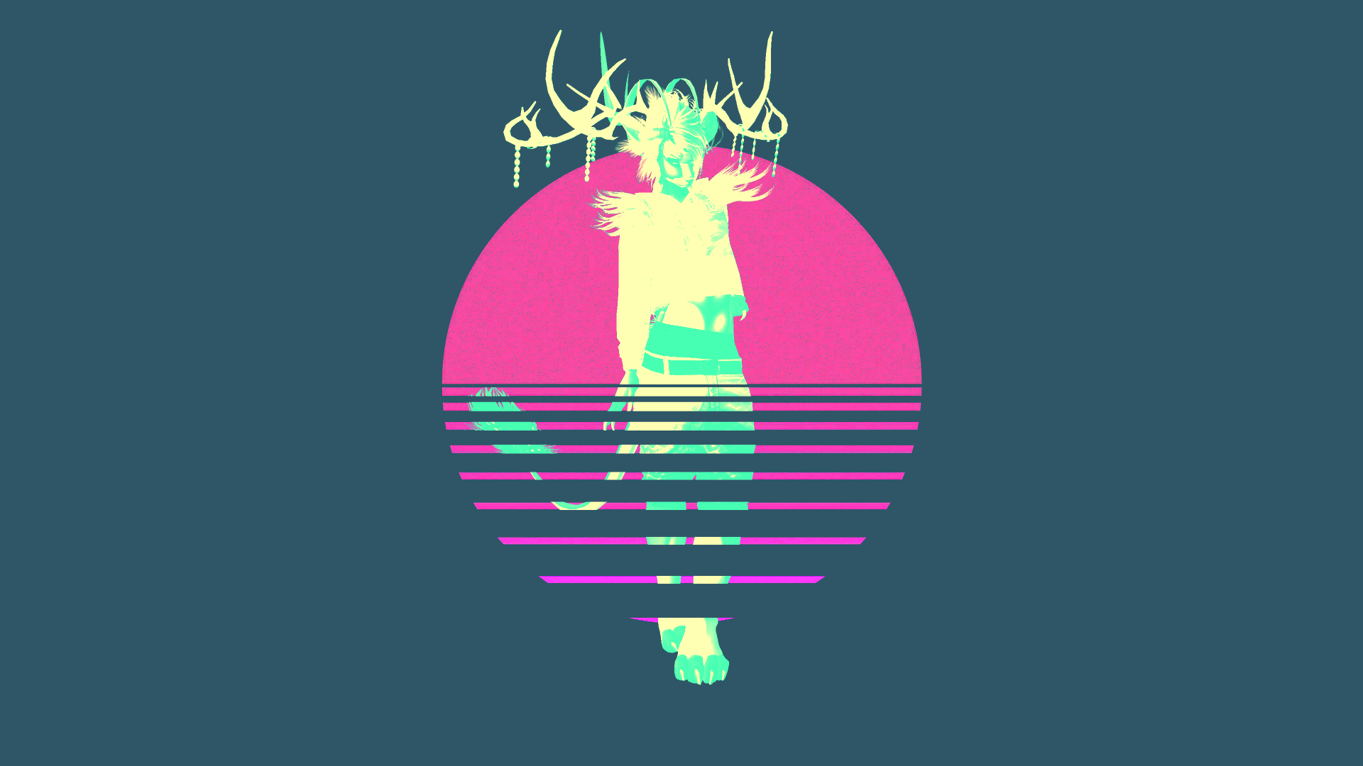 Synthwave character with antlers and pink sun HD Wallpaper