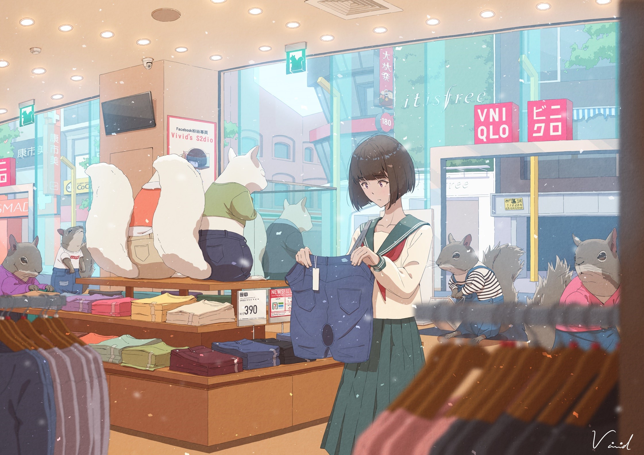 Anime girl shopping for pants with squirrels in a store HD Wallpaper