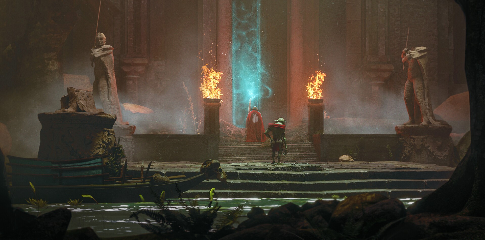 Fantasy temple with glowing portal and statues HD Wallpaper