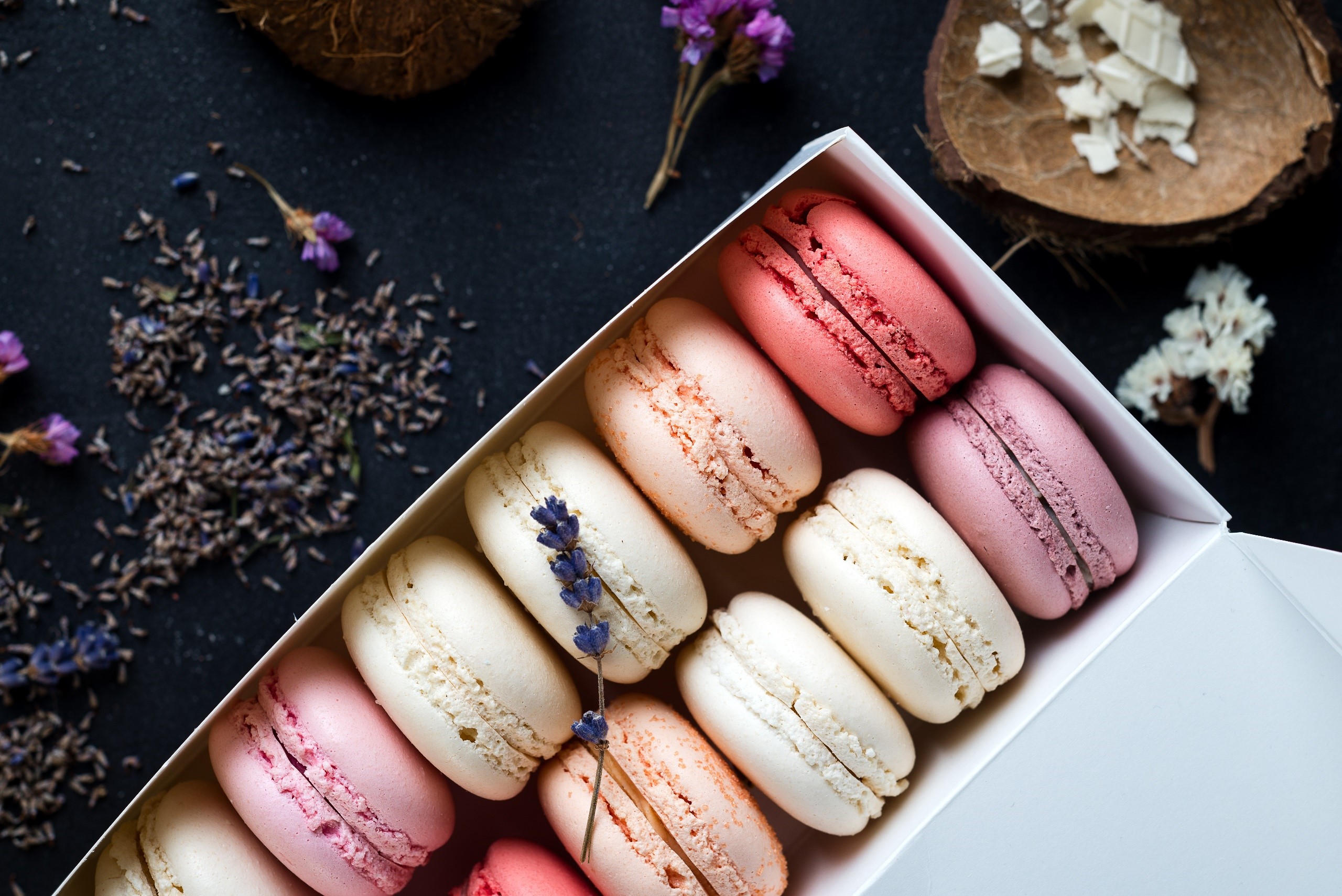 Box of colorful macarons with lavender and coconut HD Wallpaper