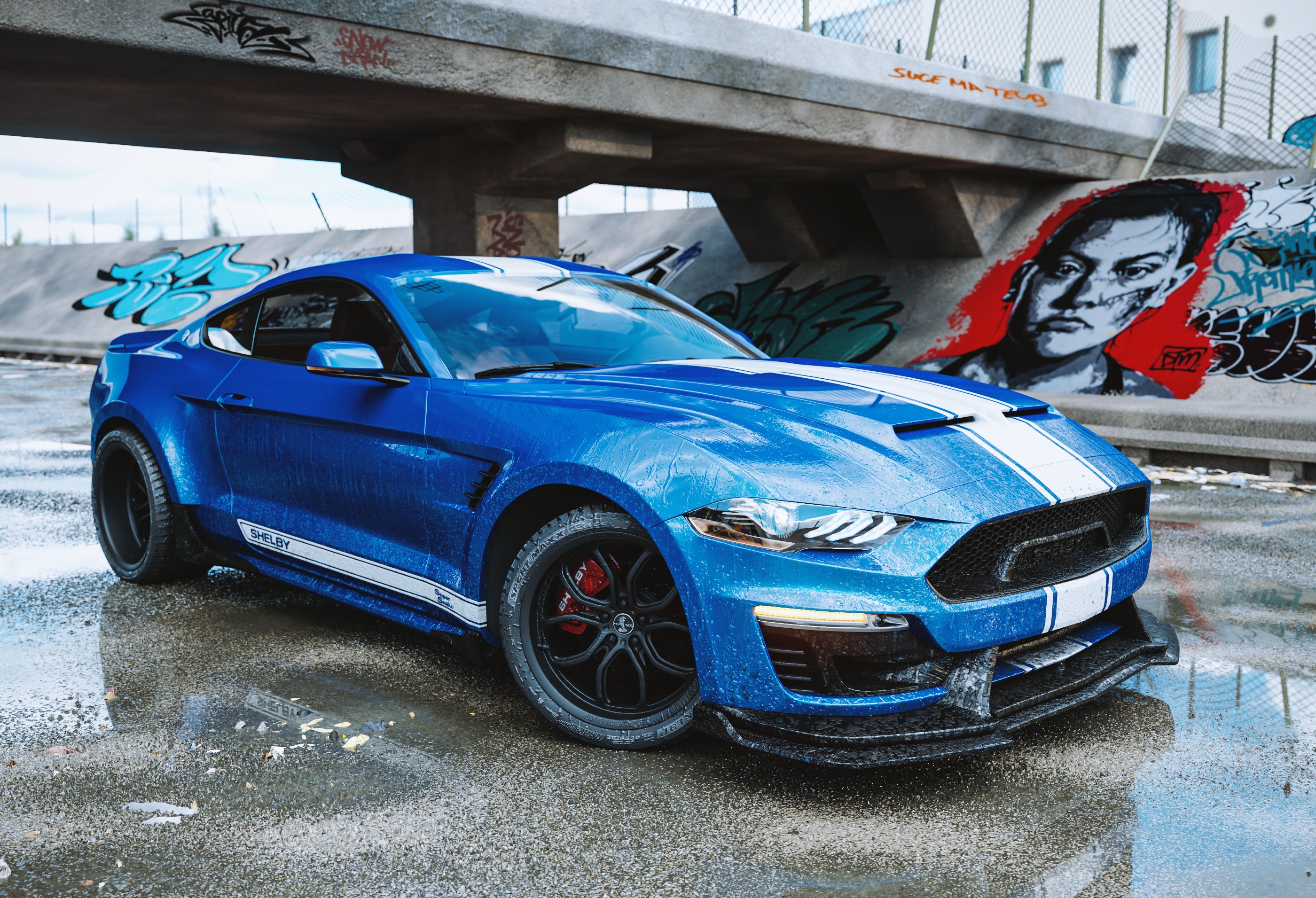 Blue Shelby Mustang with white stripes on wet asphalt HD Wallpaper