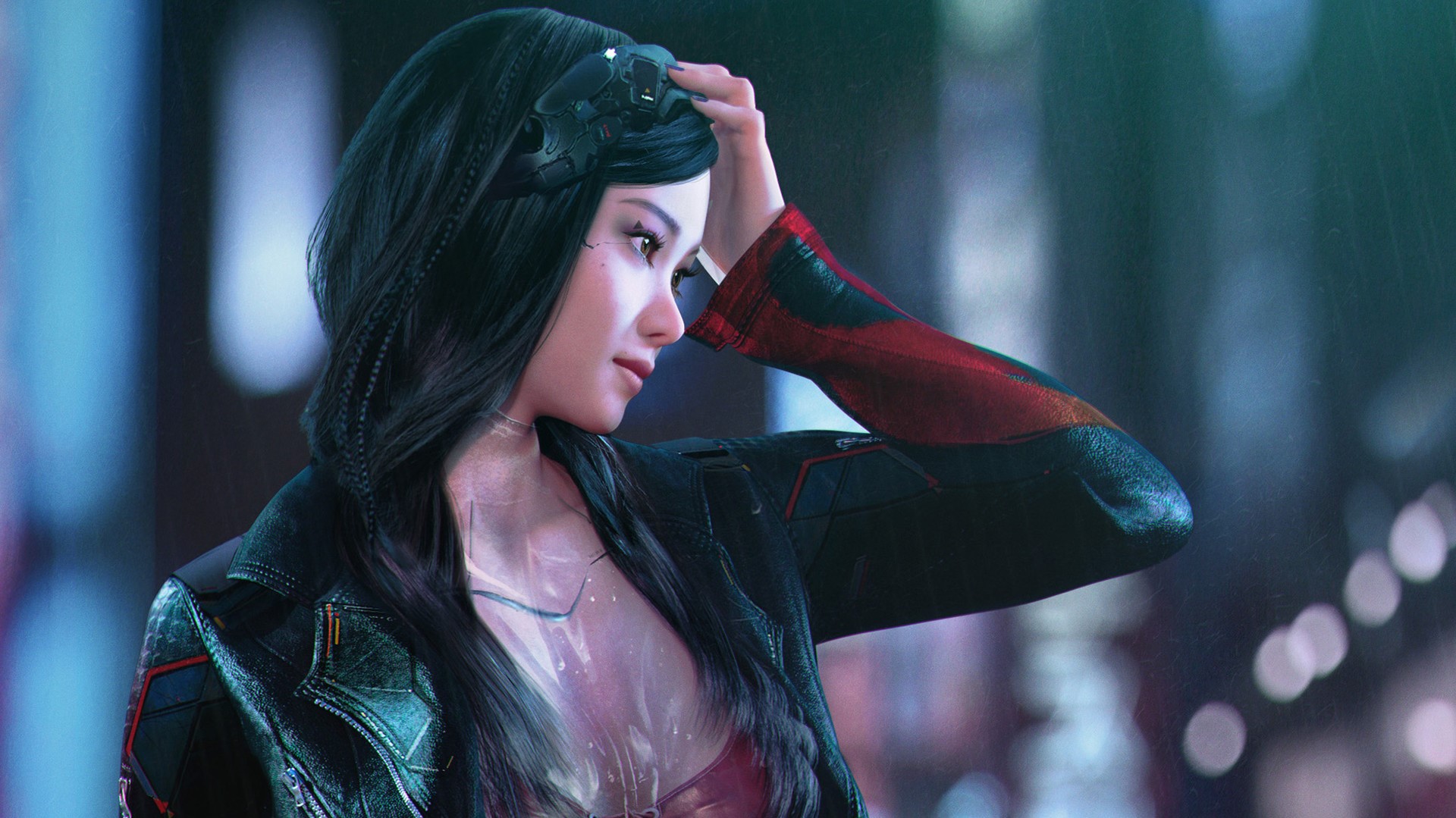 Woman with cybernetic implants in a futuristic city HD Wallpaper