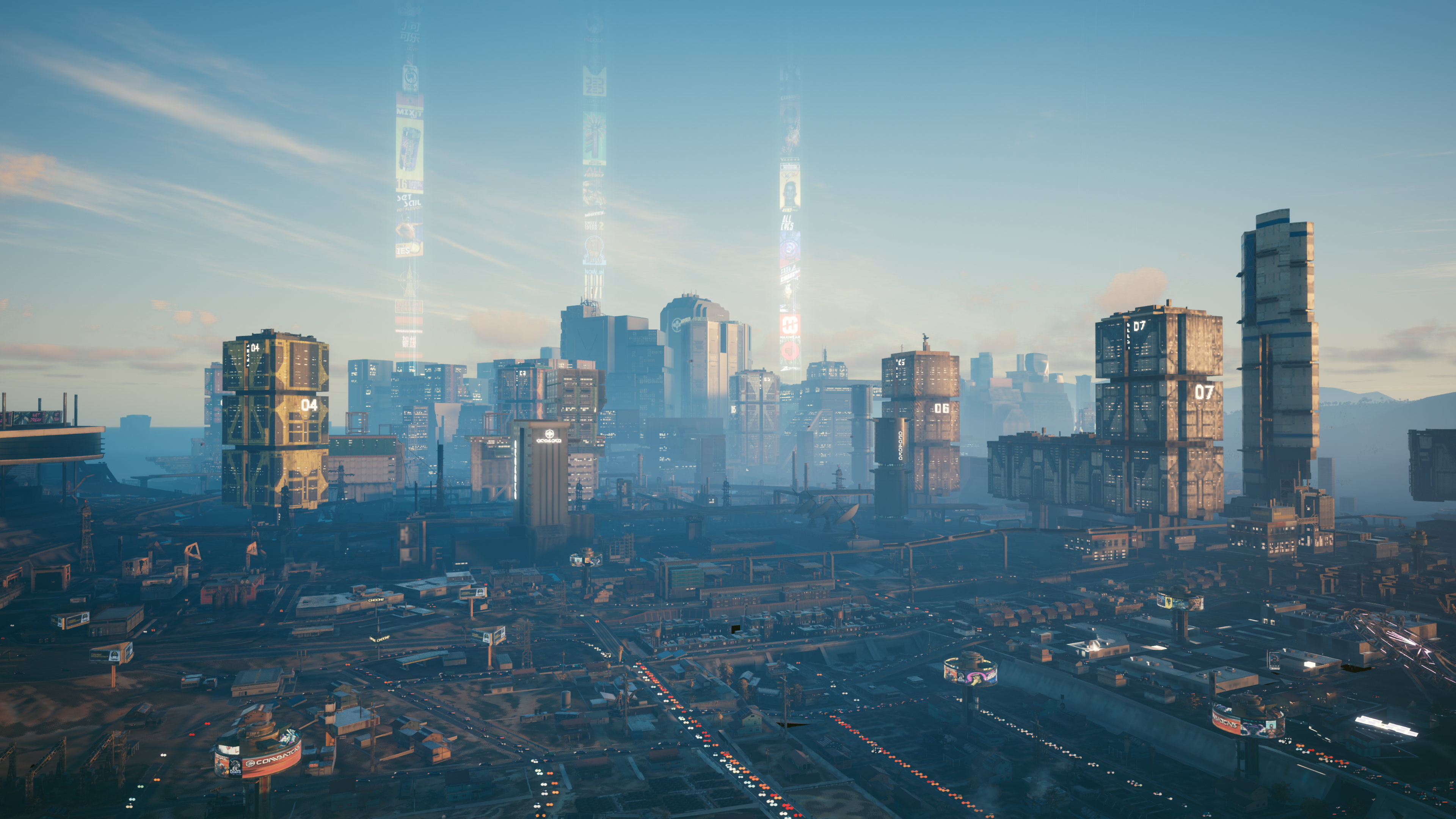 Cyberpunk 2077 cityscape with futuristic towers HD Wallpaper