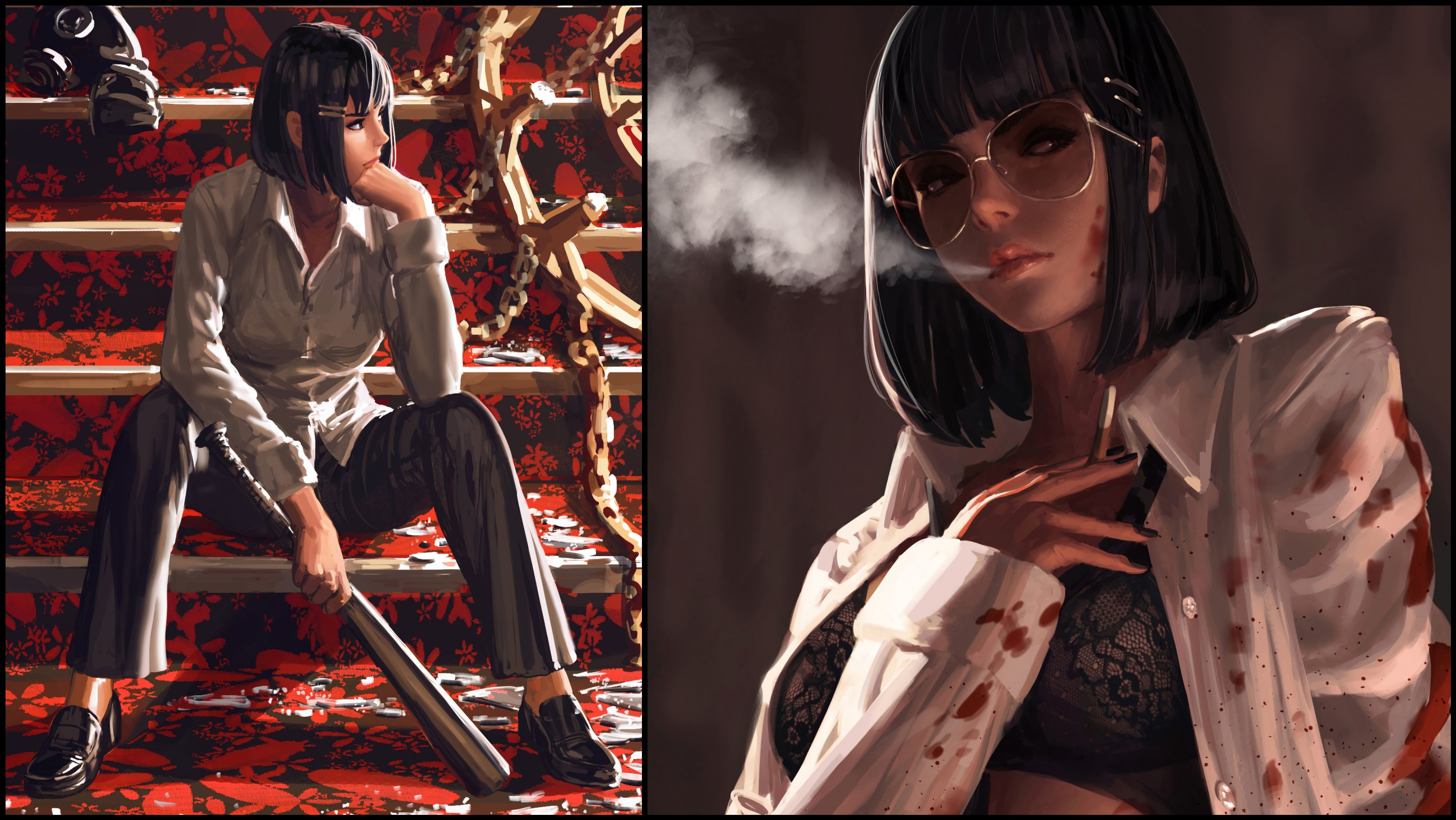Anime girl with baseball bat and smoking HD Wallpaper