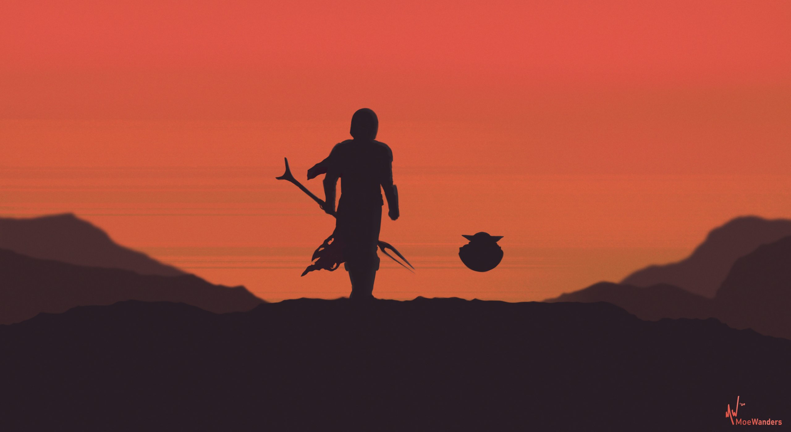 The Mandalorian and Grogu on a planet at sunset HD Wallpaper