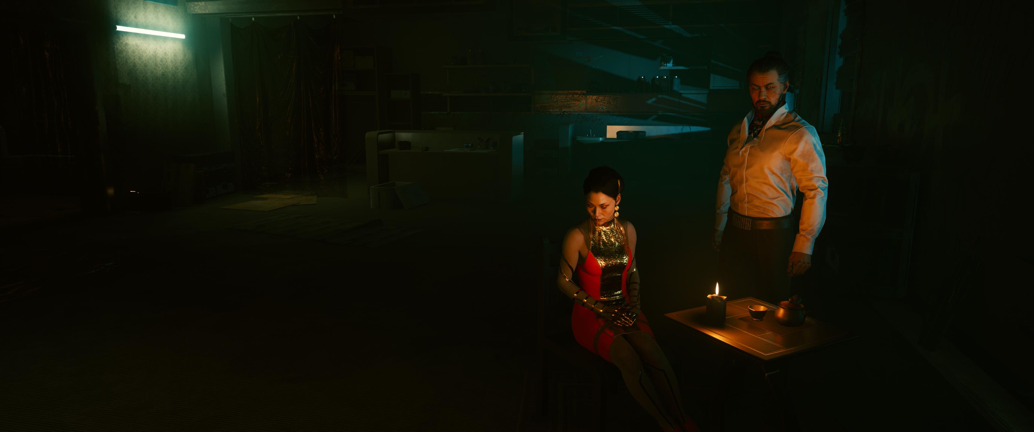 Cyberpunk 2077 screenshot of two people in a dark room HD Wallpaper