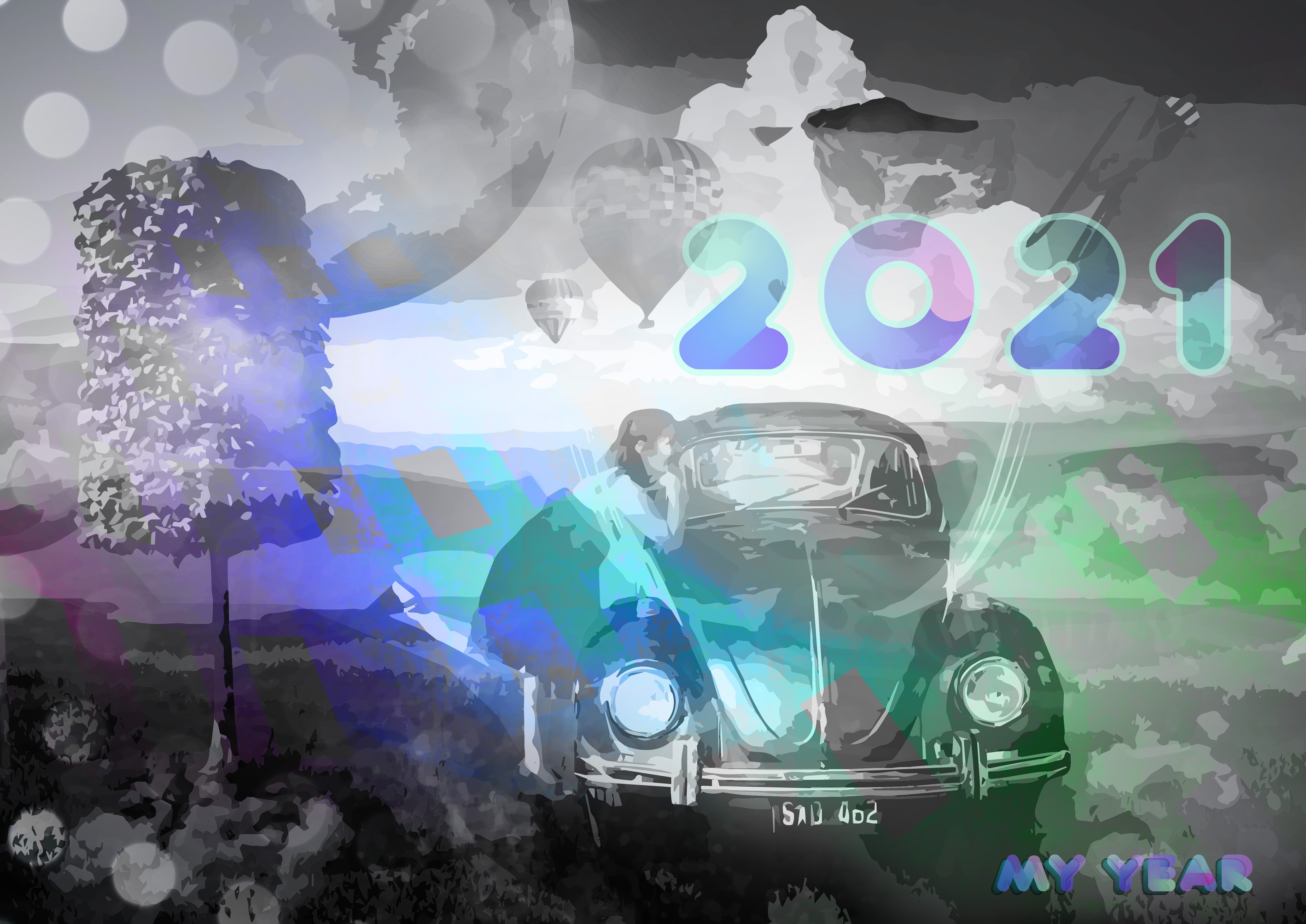 2021 artwork with a vintage car and hot air balloons HD Wallpaper