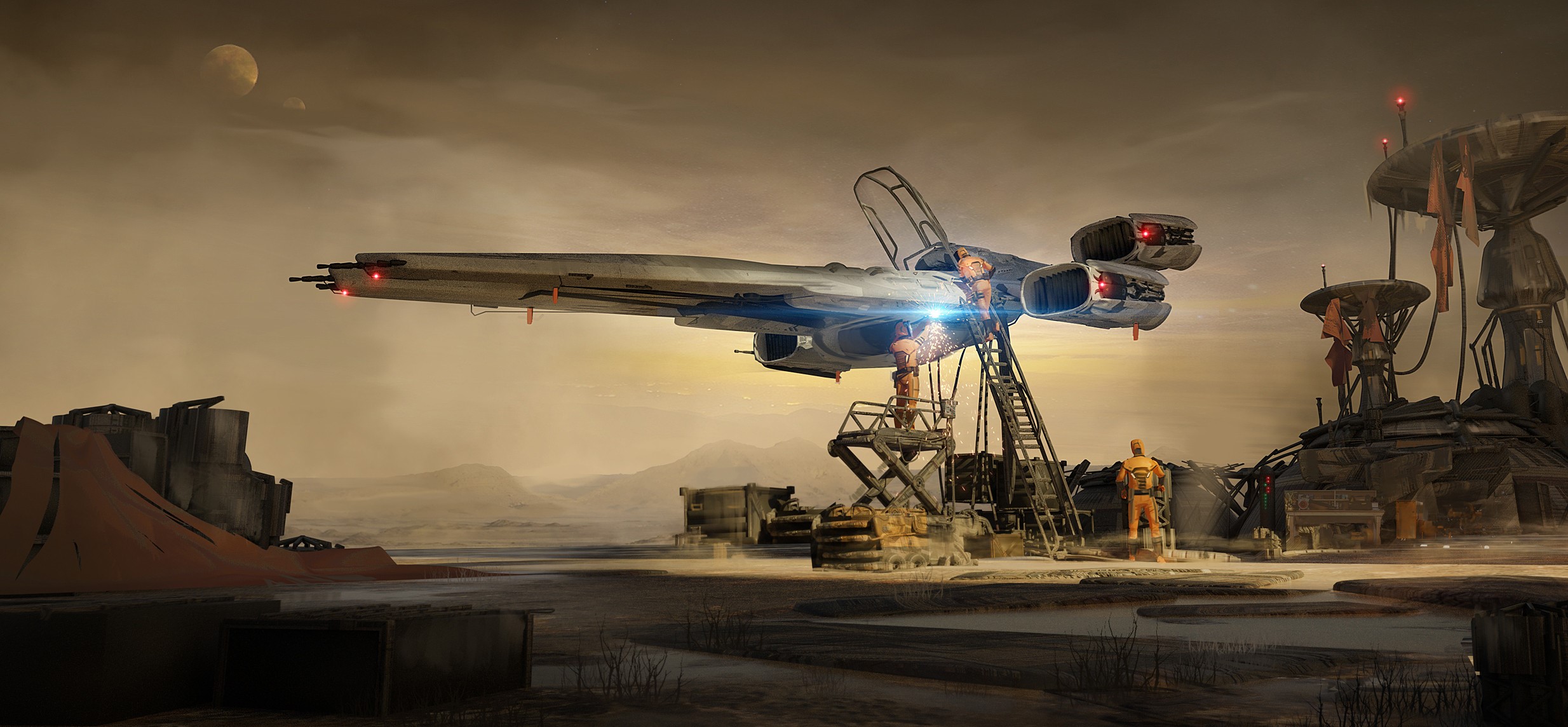Science fiction artwork of a spaceship at a desolate outpost HD Wallpaper