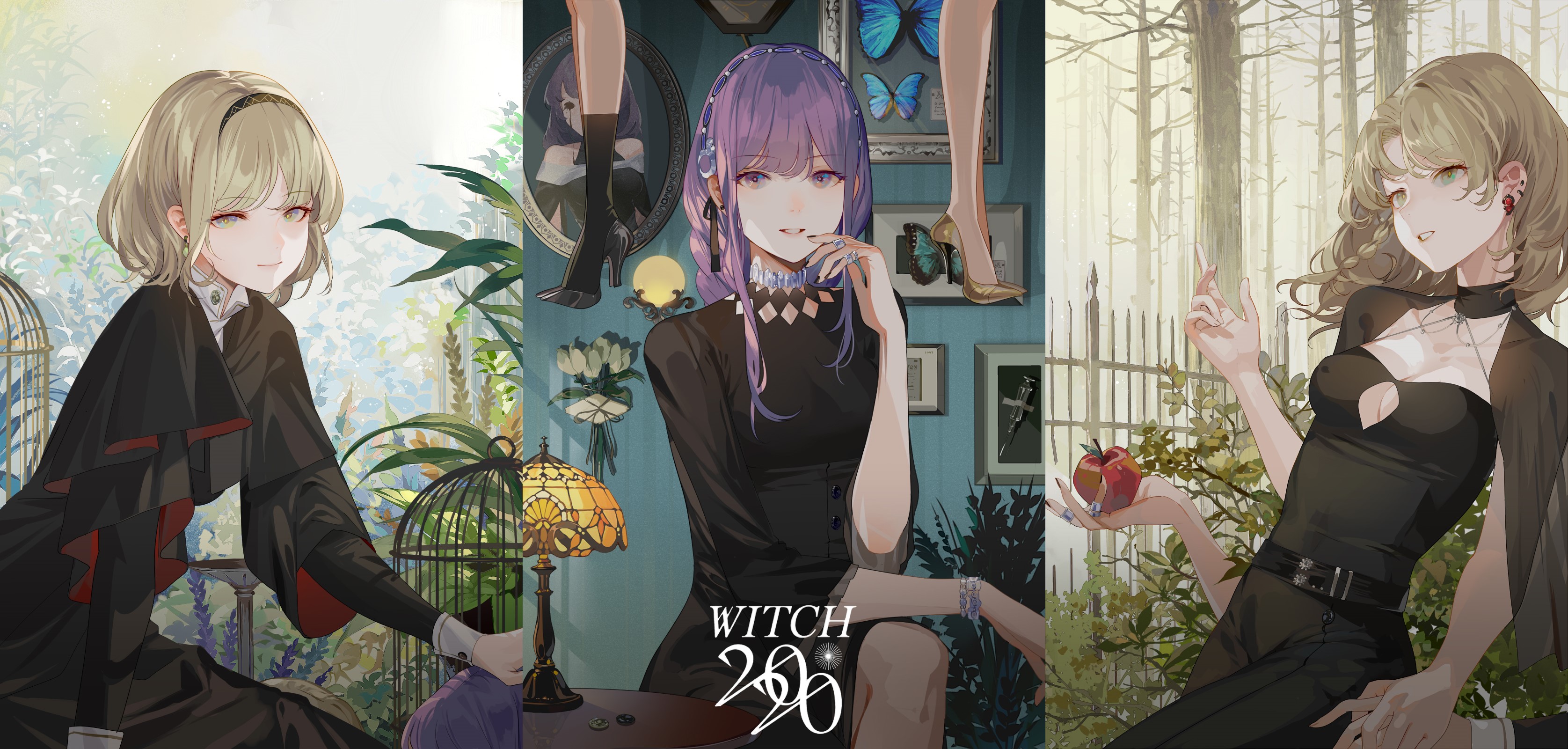Three anime witches in dark dresses HD Wallpaper