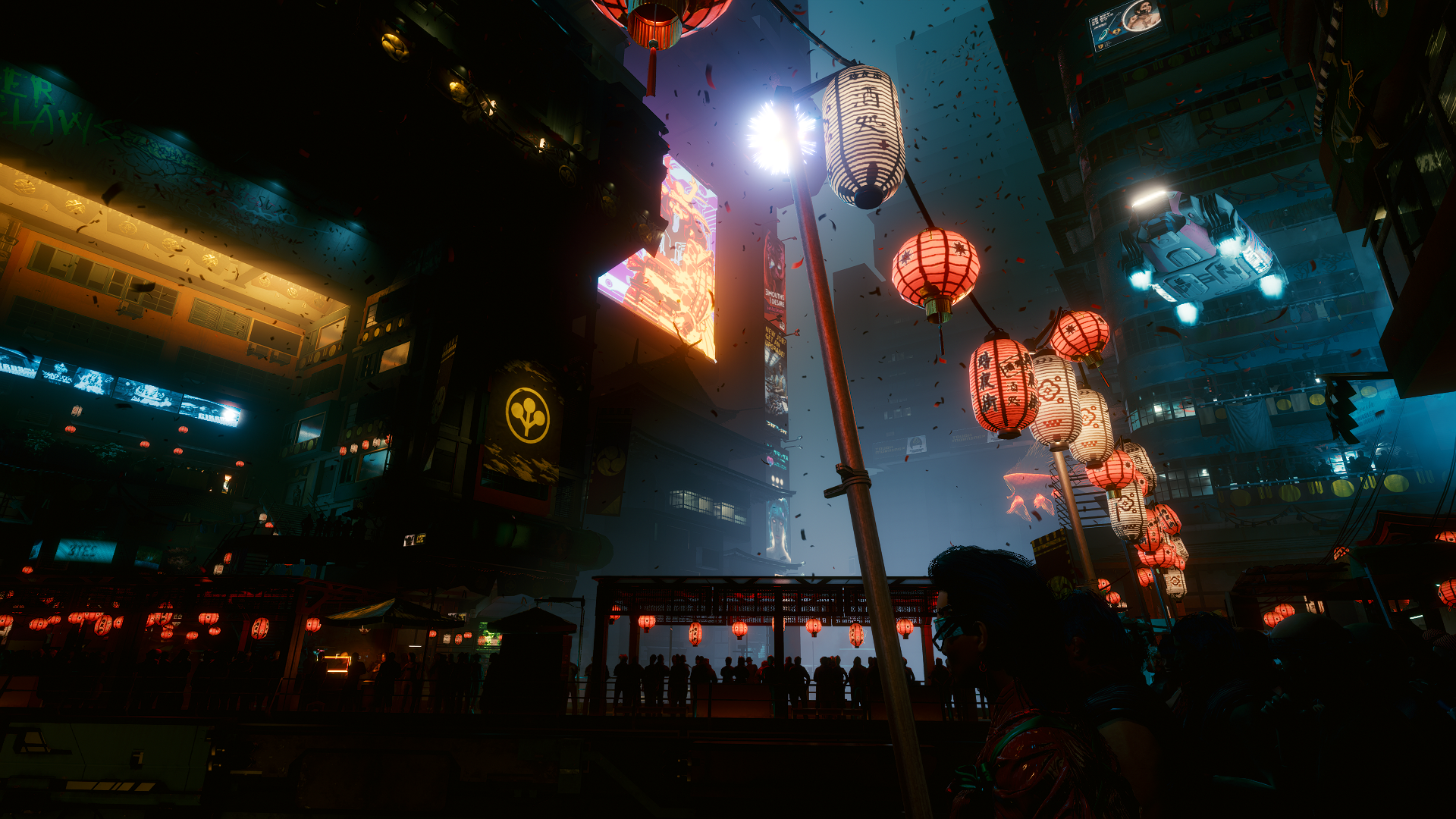 Cyberpunk 2077 Night City street festival with lanterns HD Wallpaper